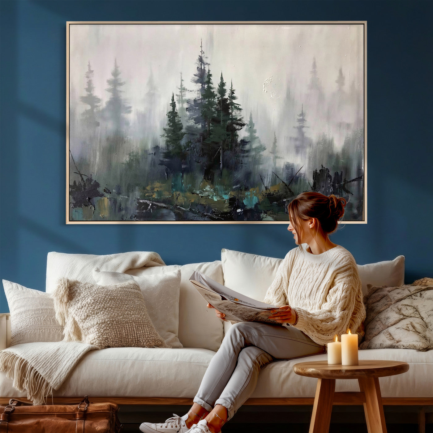94143325-MGV-CV-36X24 - Misty Pine Forest Oil Painting Canvas — Dark Moody Teal Grey Tree Print | Japandi Scandinavian Wall Art | Minimalist Nature Decor Gift