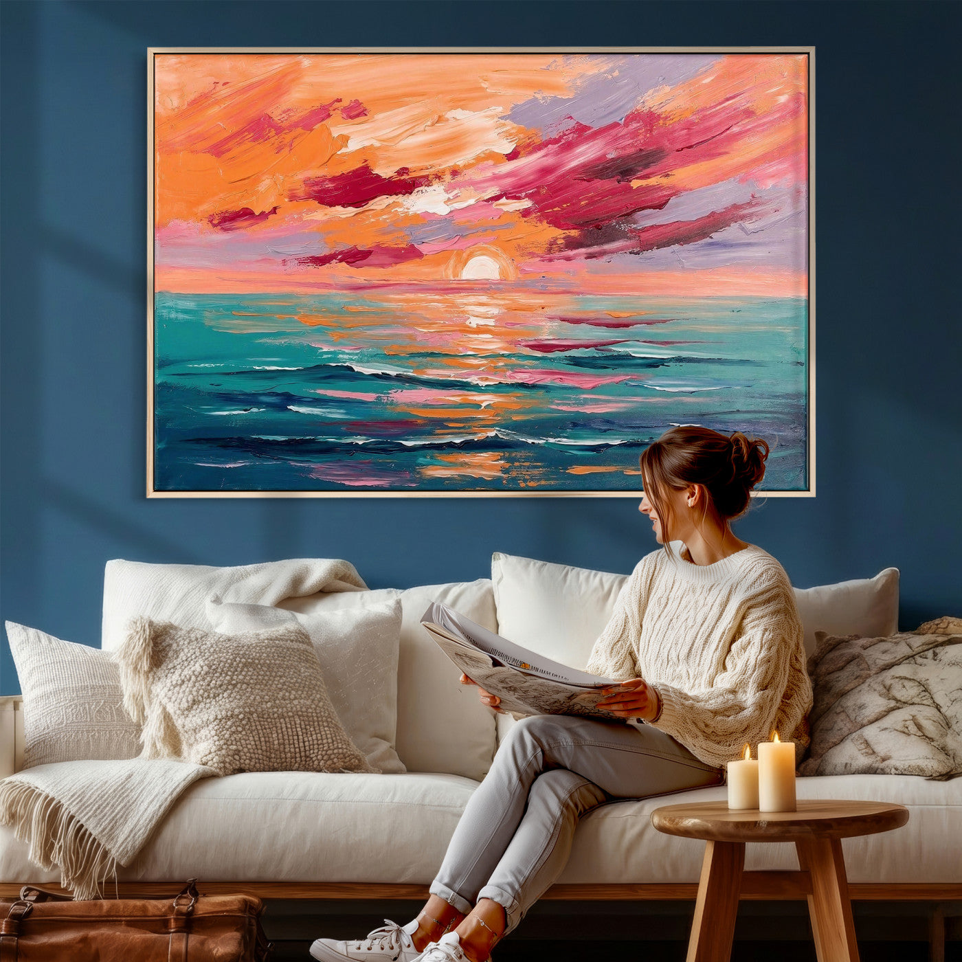 26763902-MGV-CV-36X24 - Bold Palette Knife Ocean Sunset Canvas — Orange Pink Teal Expressionist Sea Print | Colorful Coastal Wall Art | Vibrant Beach Decor Gift