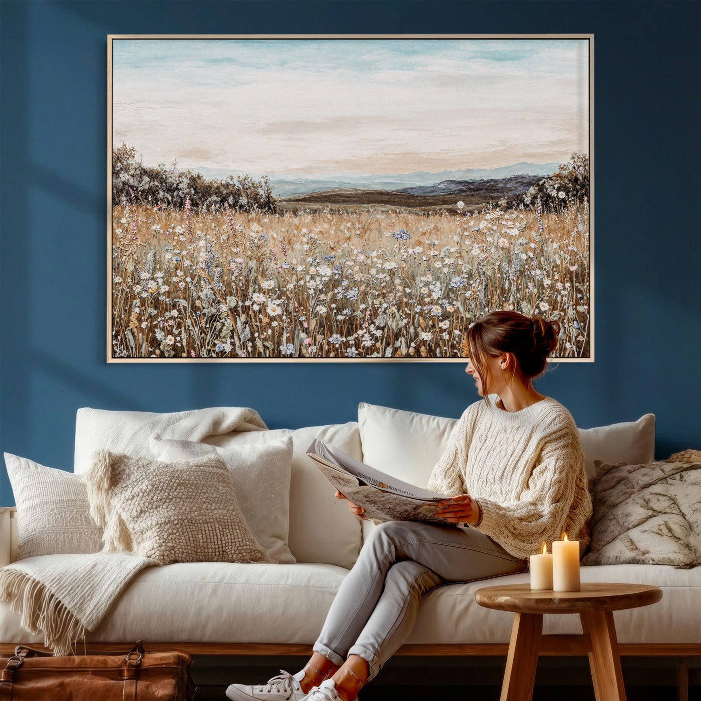 F35773805-MGV-CV-36X24 - Neutral Wildflower Field Canvas Wall Art — Beige Earth Tone Botanical Meadow Print | Farmhouse Boho Decor | Bedroom Living Room Gift Her