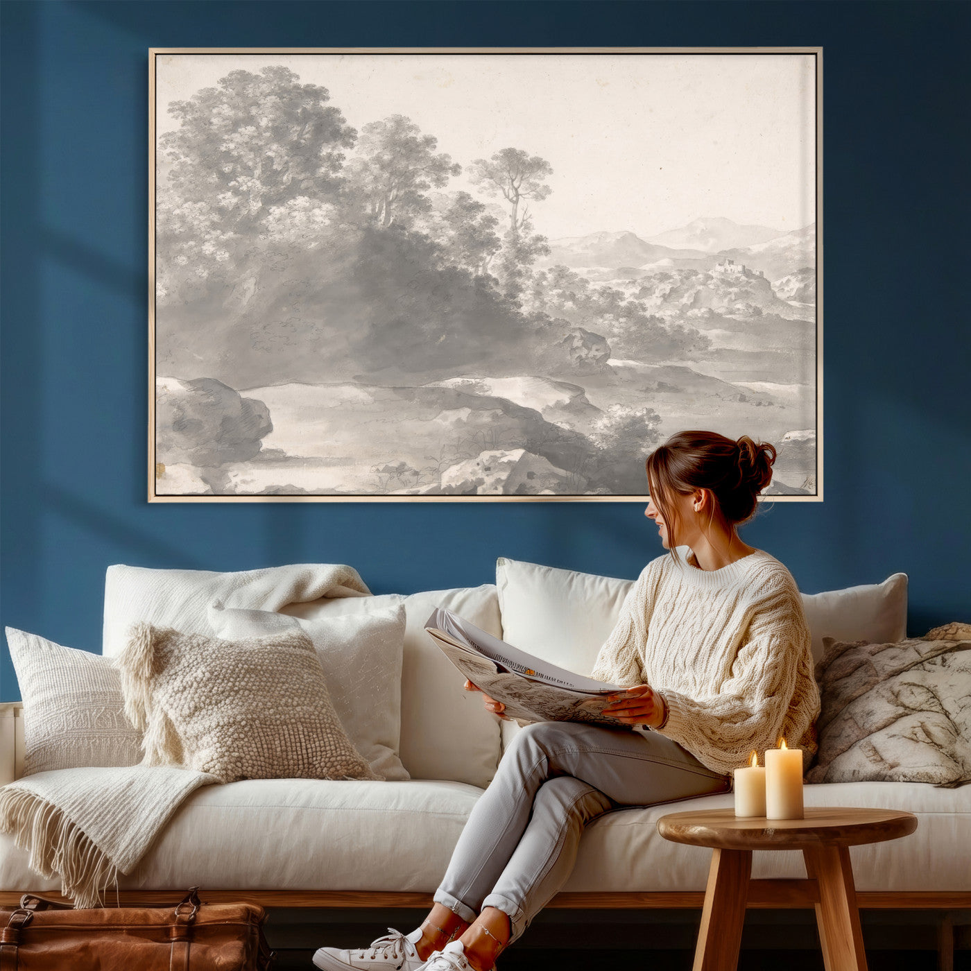 33041209-MGV-CV-36X24 - Van Poelenburch Landscape Canvas Wall Art — Dutch Golden Age Gray Wash Drawing Print | Baroque Italianate Nature Decor | Old Master Classic Gift