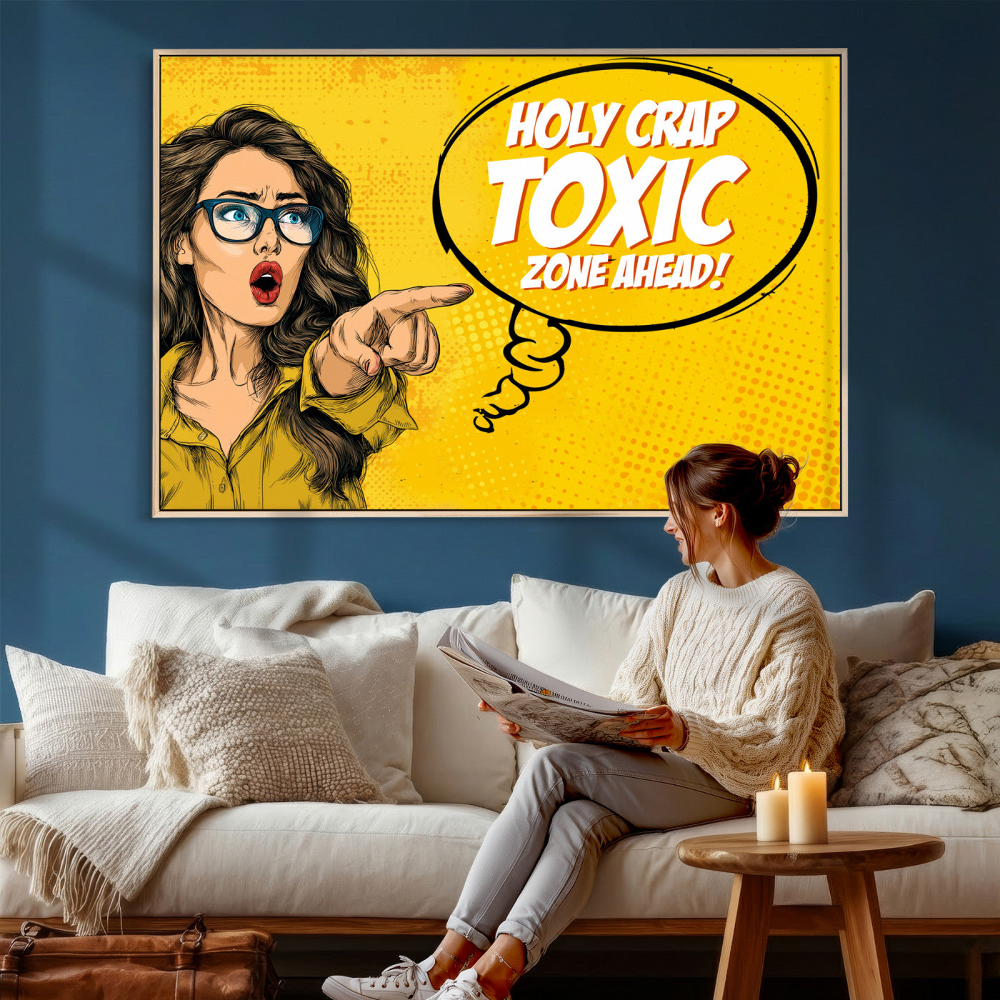 79751885-MGV-CV-36X24 - Pop Art Print Bathroom Sign Wall Art Canvas Print — Funny Bathroom Canvas | Comic Style Toilet Wall Decor | Humor Gift | Yellow Bold Bathroom Art