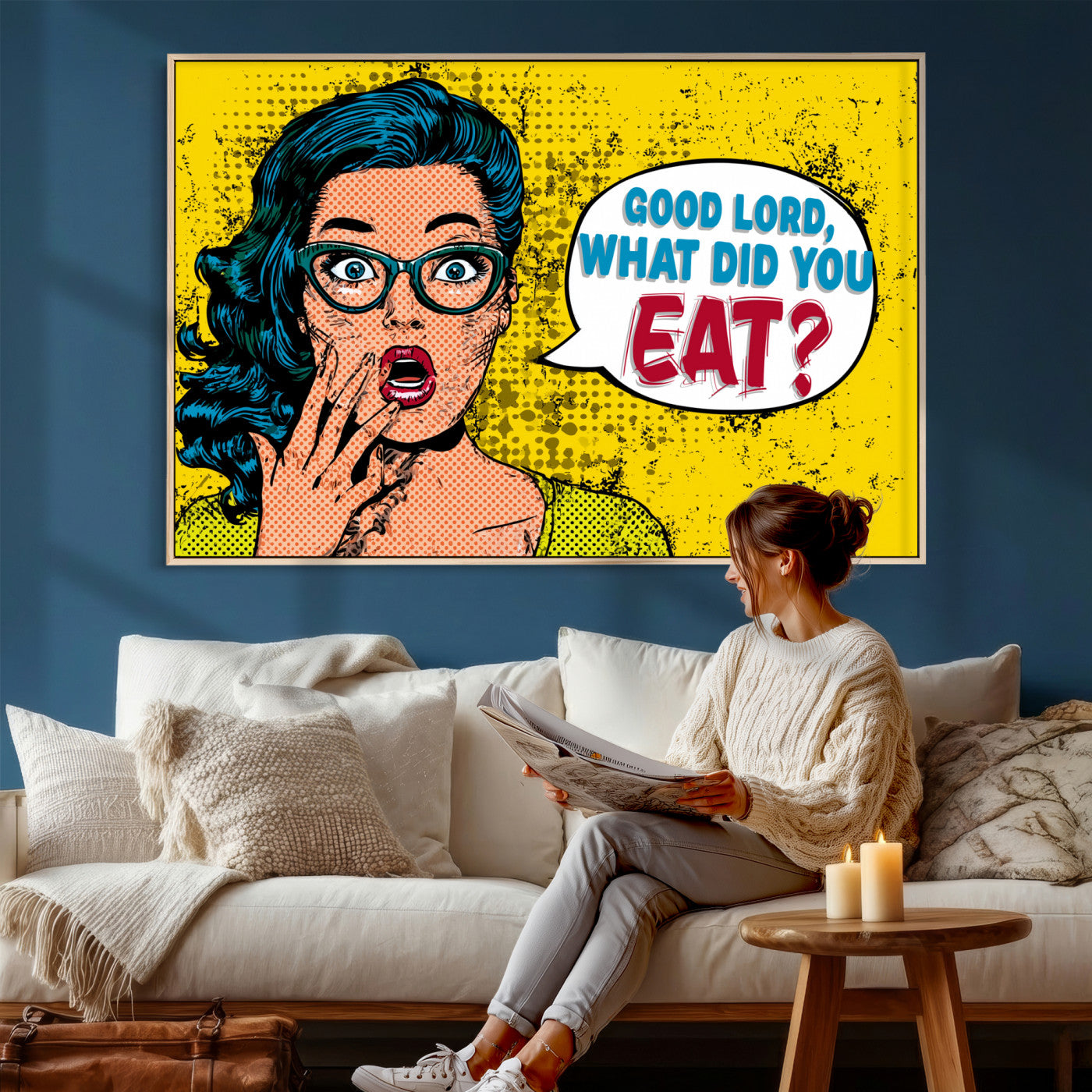 88217969-MGV-CV-36X24 - Pop Art Print Bathroom Sign Wall Art Canvas Print — Funny Bathroom Canvas | Comic Style Toilet Wall Decor | Humor Gift | Yellow Bold Bathroom Art