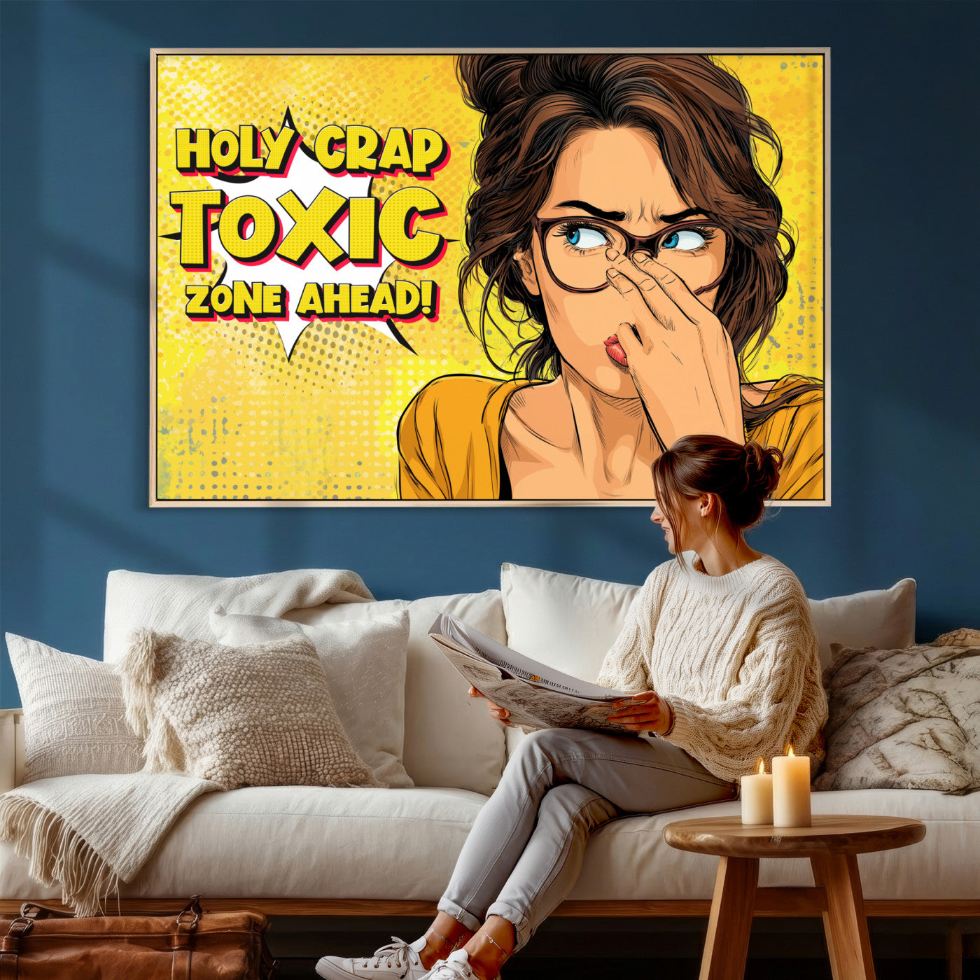 96263876-MGV-CV-36X24 - Pop Art Print Bathroom Sign Wall Art Canvas Print — Funny Bathroom Canvas | Comic Style Toilet Wall Decor | Humor Gift | Yellow Bold Bathroom Art