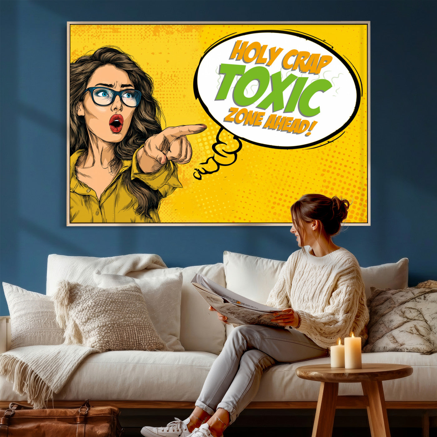 79156505-MGV-CV-36X24 - Pop Art Print Bathroom Sign Wall Art Canvas Print — Funny Bathroom Canvas | Comic Style Toilet Wall Decor | Humor Gift | Yellow Bold Bathroom Art
