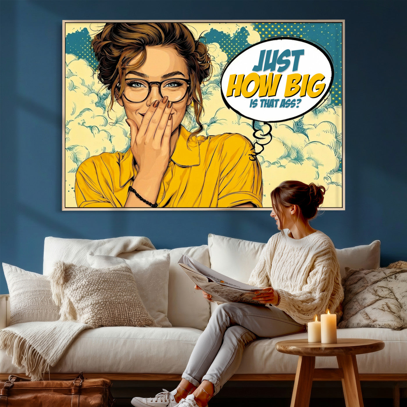 T79156505-MGV-CV-36X24 - Pop Art Print Bathroom Sign Wall Art Canvas Print — Funny Bathroom Canvas | Comic Style Toilet Wall Decor | Humor Gift | How Big Ass