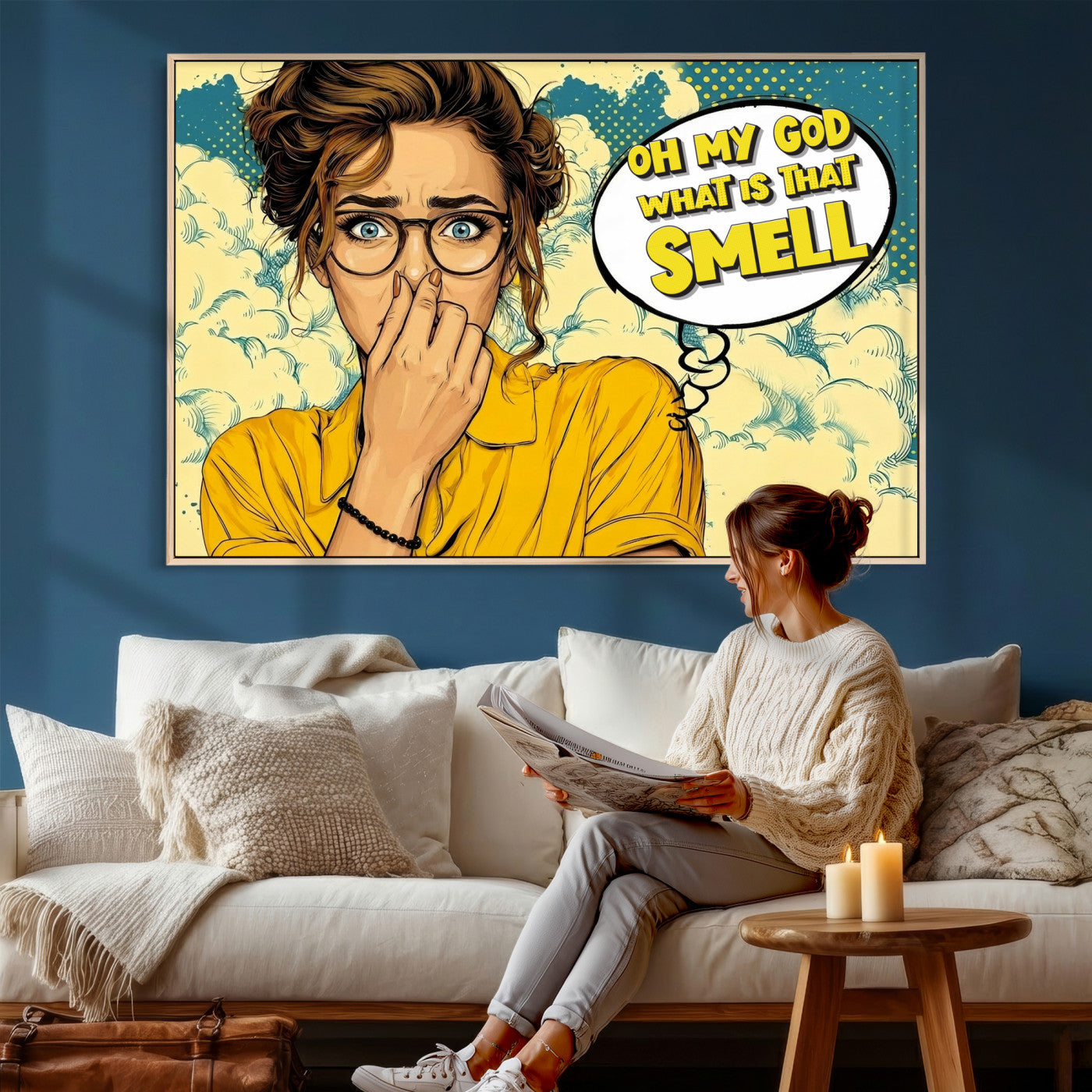 B79156505-MGV-CV-36X24 - Pop Art Print Bathroom Sign Wall Art Canvas Print — Funny Bathroom Canvas | Comic Style Toilet Wall Decor | Humor Gift | What is that Smell