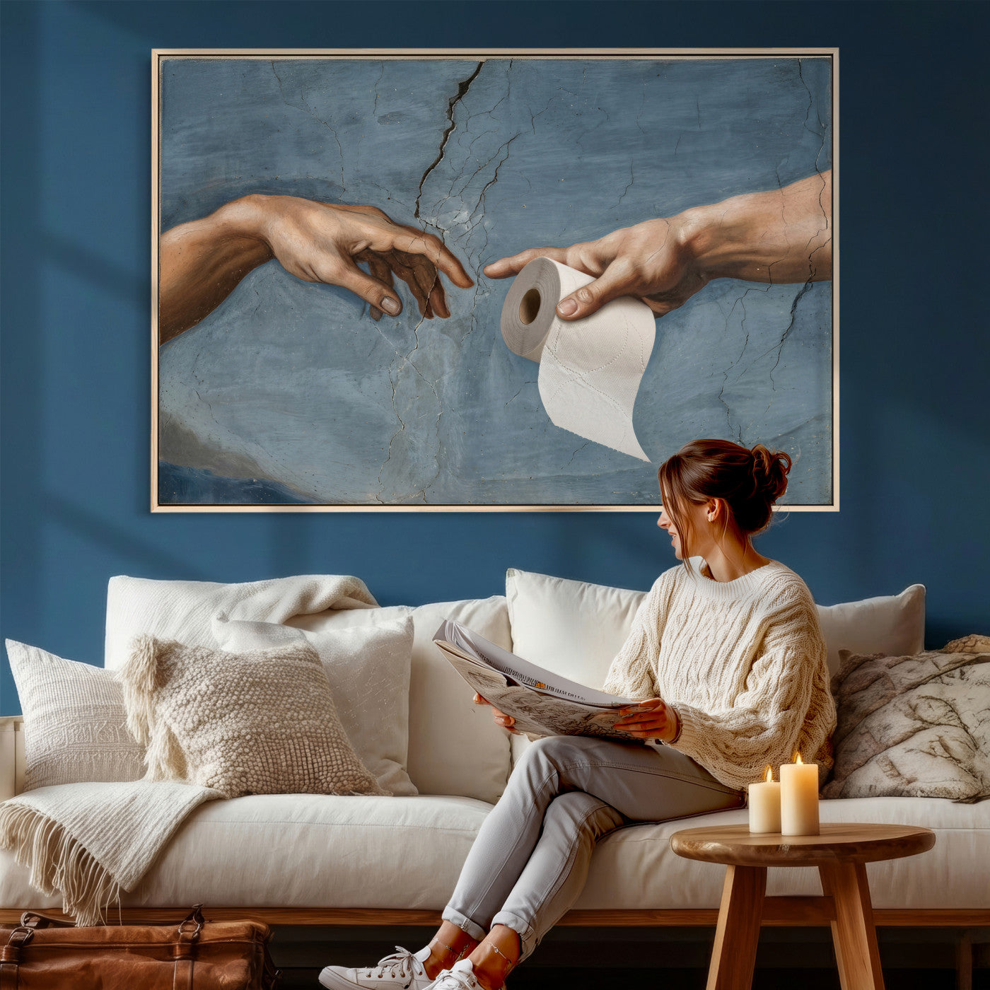 42648143-MGV-CV-36X24 - Funny Bathroom Canvas Wall Art, Michelangelo Creation of Adam Toilet Paper Parody, Renaissance Humor Print, Quirky Housewarming Gift, Toilet Room Decor