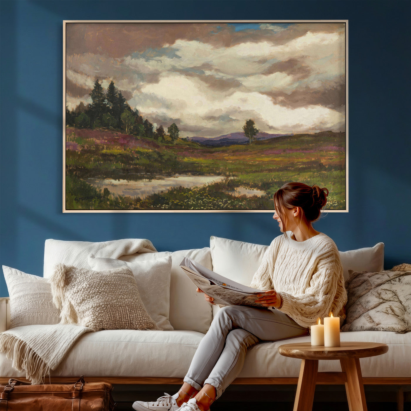 96795851-MGV-CV-36X24 - Gustav Macoun Heathland Canvas Print, Czech Landscape Oil Painting Reproduction, Purple Heather Moorland Art, Vintage European Nature Decor