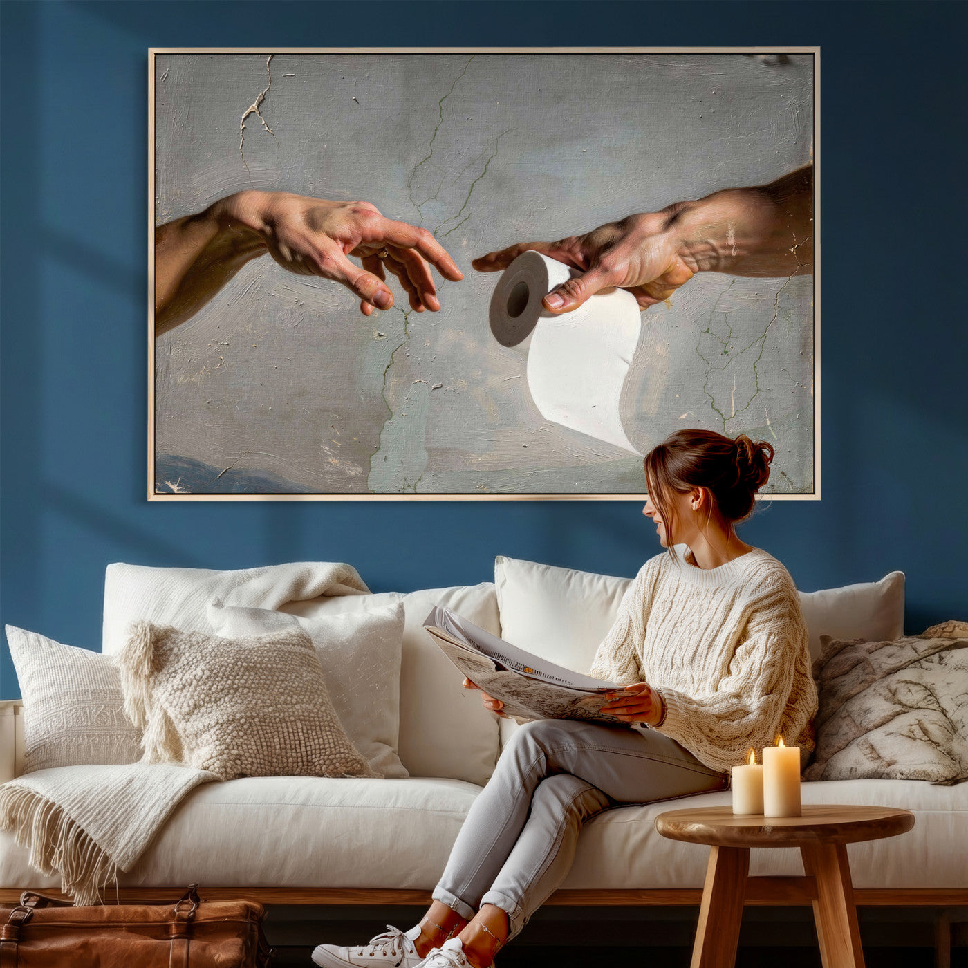 72030048-MGV-CV-36X24 - Funny Bathroom Wall Art Canvas, Creation of Toilet Paper Parody Print, Renaissance Humor Decor, Toilet Room Art, Quirky Housewarming Gift, Classic Art Spoof