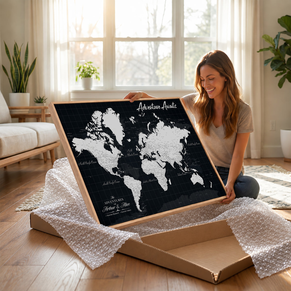 19855445B-MGV-CV-36X24 - Personalized Black Push Pin Travel Map Canvas Print, Couples Countries Visited Map, Entryway and Hallway Decor