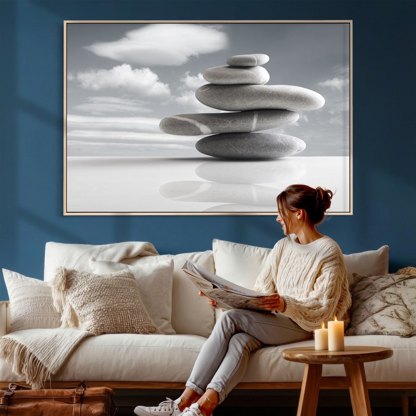 86426188-MGV-CV-36X24 - Zen Stone Wall Art Canvas Print, Balanced Rock Stack Framed Spa Artwork, Minimalist Meditation Decor for Living Room Bedroom Office Bathroom