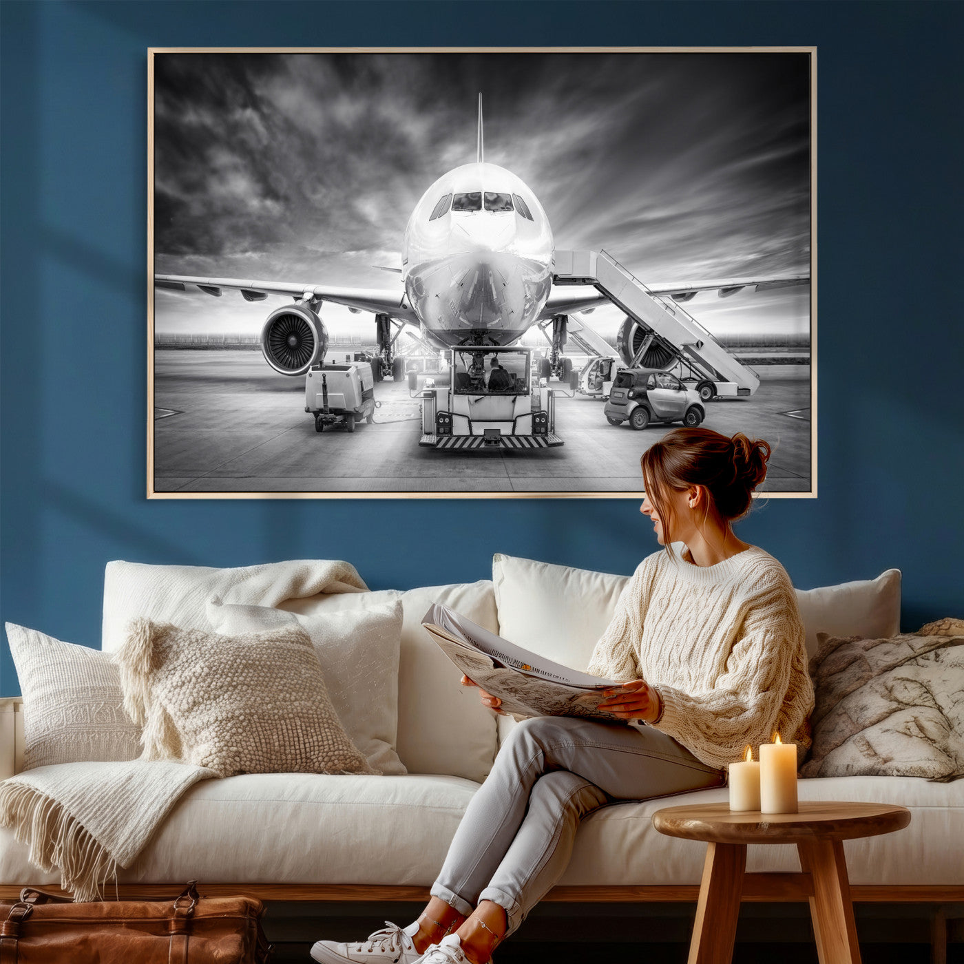 85885848-MGV-CV-36X24 - Airplane Wall Art Canvas Print, Black and White Jet Aircraft Airport Runway Framed Aviation Artwork for Pilot Office Hangar Travel Decor