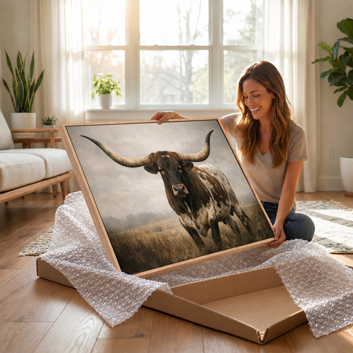 17622011L-_Poster-30x20 - Longhorn Bull Wall Art Canvas Print, Western Farmhouse Decor