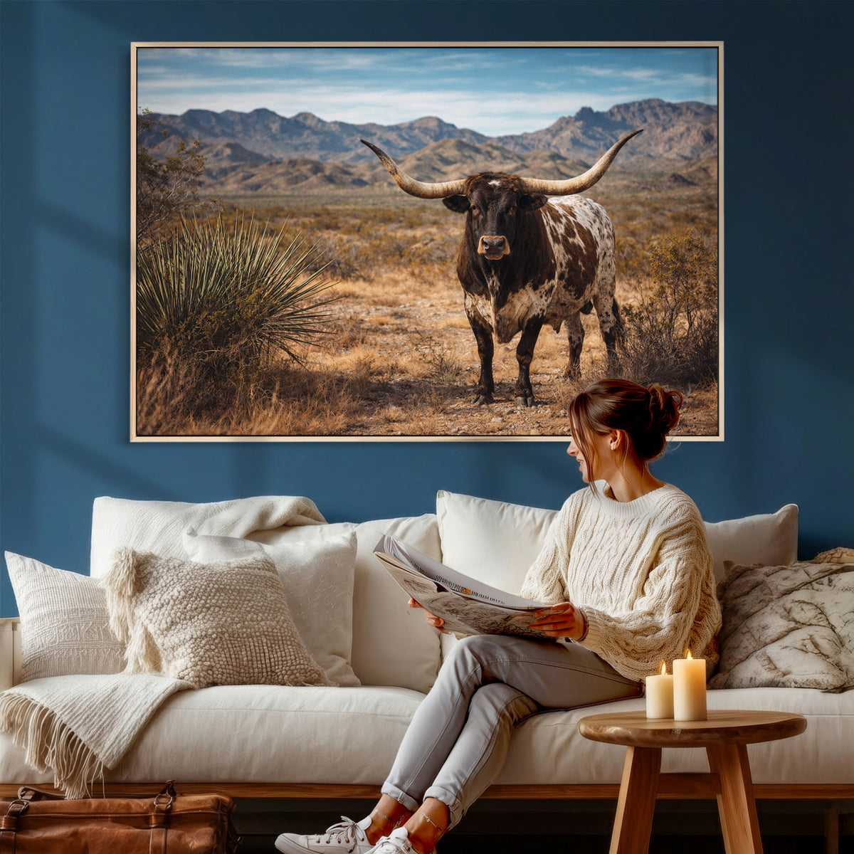 17622011S-MGV-CV-36X24 - Texas Longhorn Bull Wall Art Canvas Print, Western Farmhouse Cowboy Decor, Rustic Texas Ranch Cattle Artwork for Living Room Bedroom Office, Framed Wall Decor