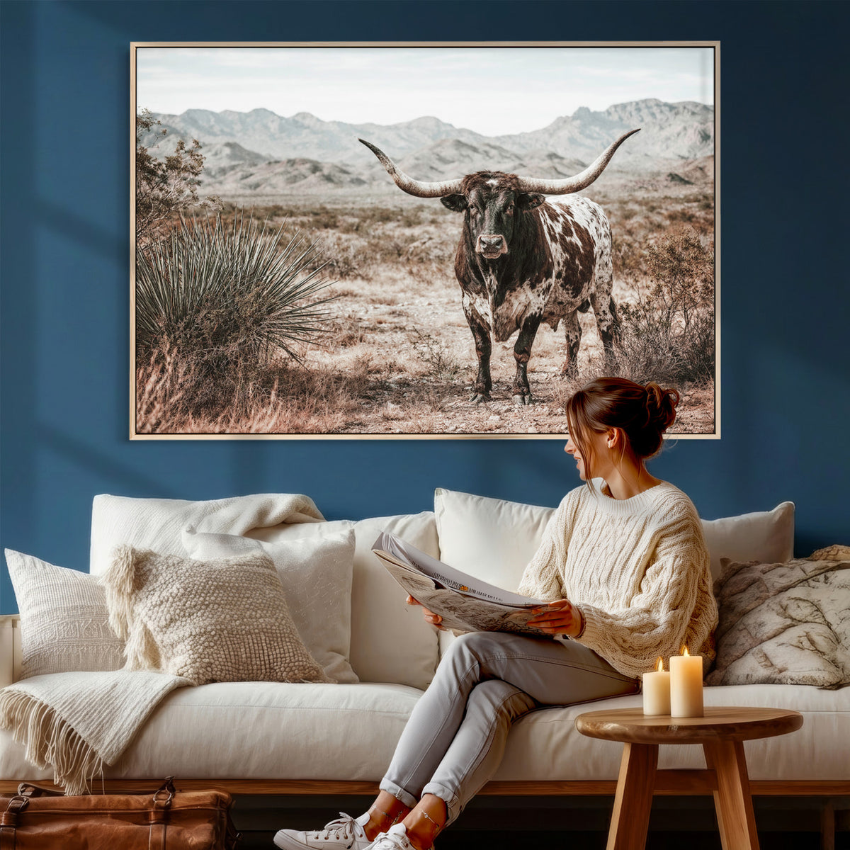 17622011H-MGV-CV-36X24 - Texas Longhorn Bull Wall Art Canvas Print, Western Farmhouse Cowboy Decor, Rustic Texas Ranch Cattle Artwork for Living Room Bedroom Office, Framed Wall Decor