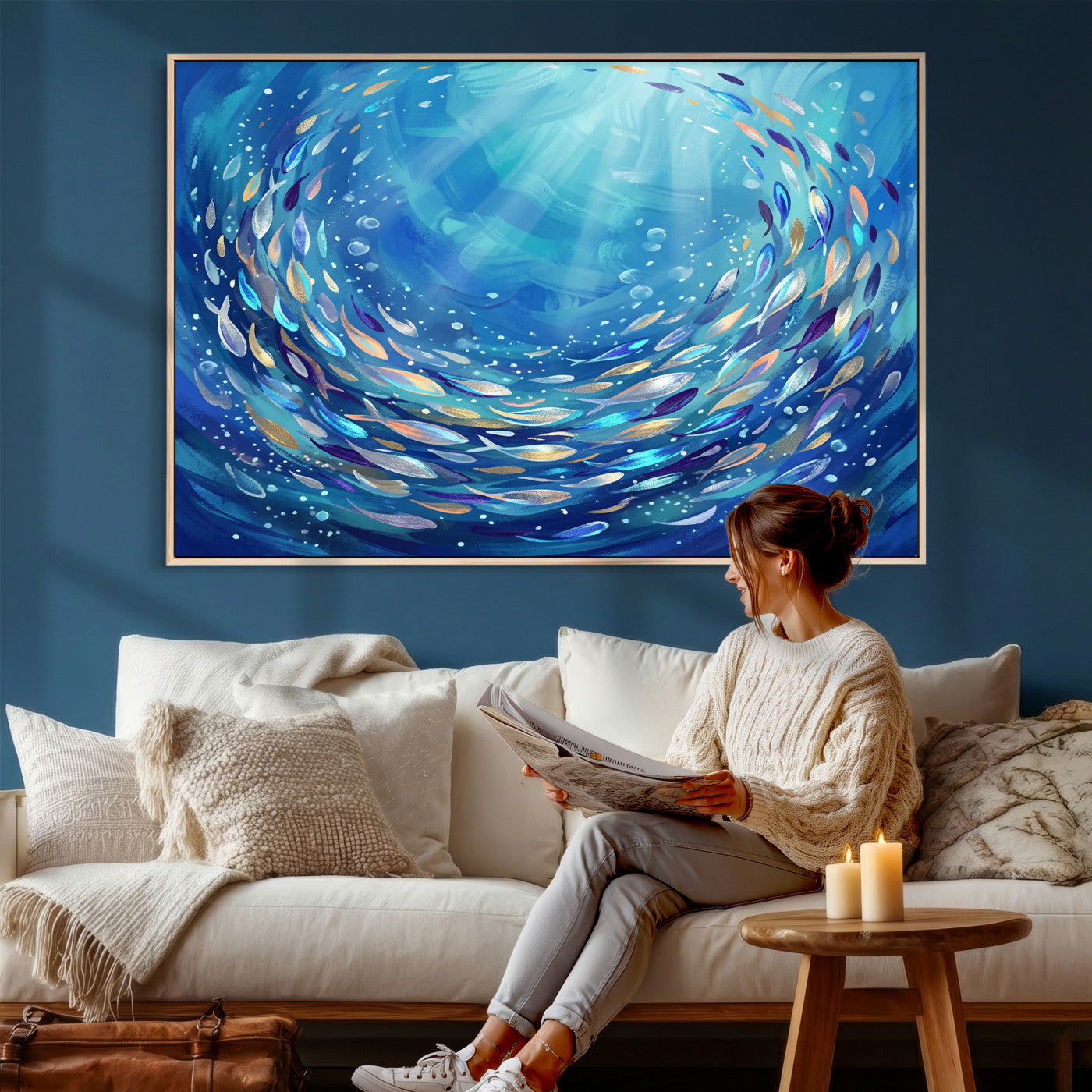 78699899-MGV-CV-36X24 - School of Fish Canvas Print | Blue Ocean Underwater Wall Art | Swirling Fish Shoal Illustration | Marine Navy Coastal Decor