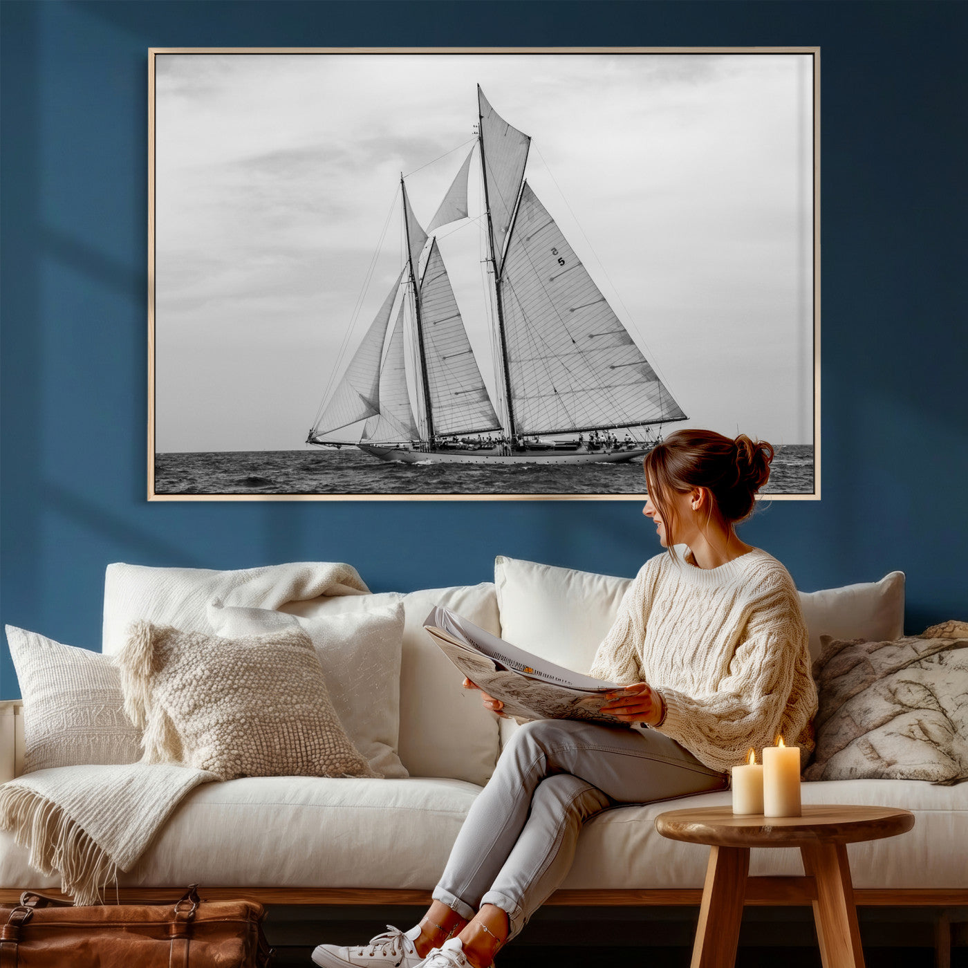 52882918-MGV-CV-36X24 - Vintage Sailboat Wall Art Canvas Print, Black and White Schooner Framed Artwork, Nautical Ocean Sailing Decor for Living Room Office Beach House