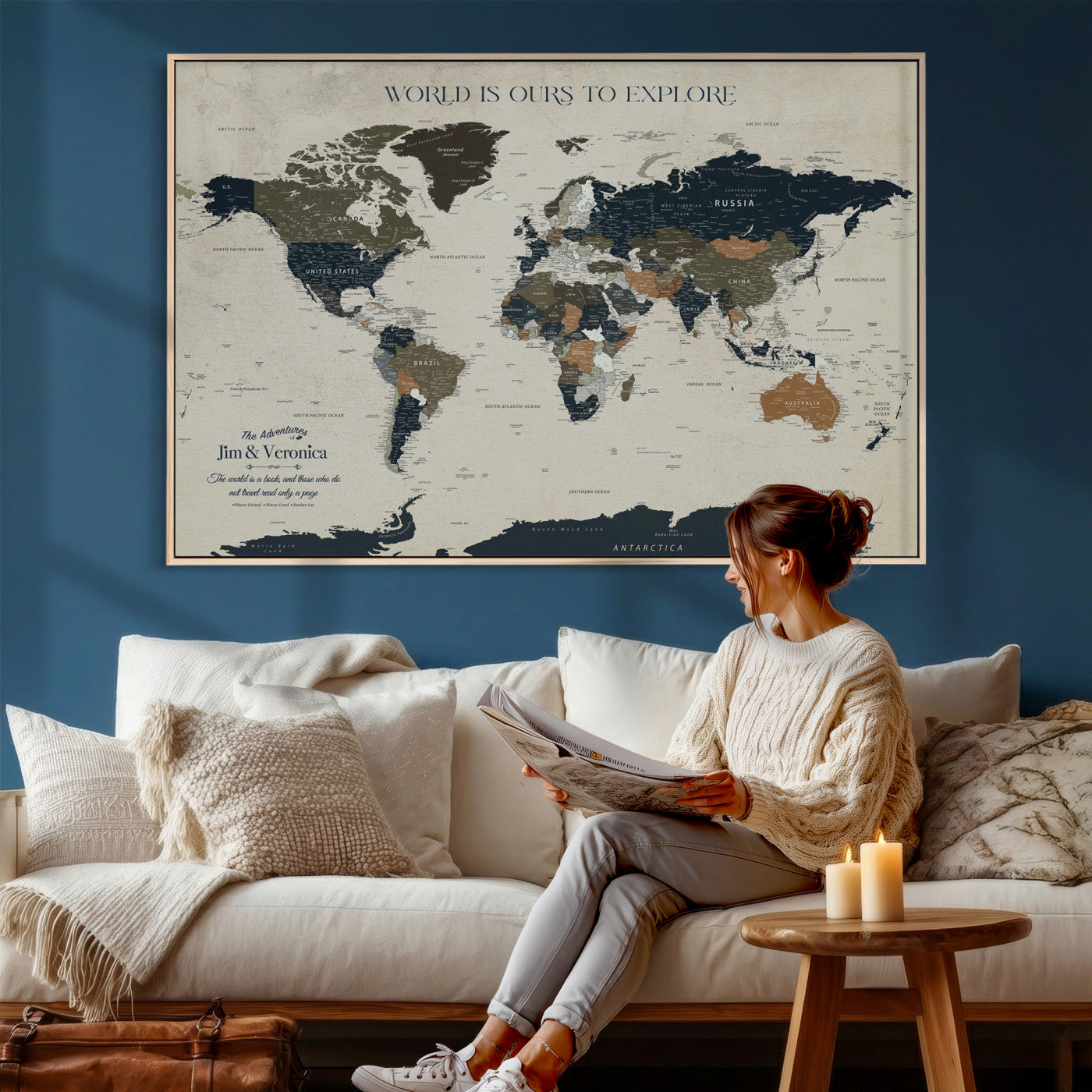64110391126C-MGV-CV-36X24 - Custom Push Pin World Map Wall Art Canvas Print – Personalized Travel Tracker with Pins Framed Large for Home and Office Decor