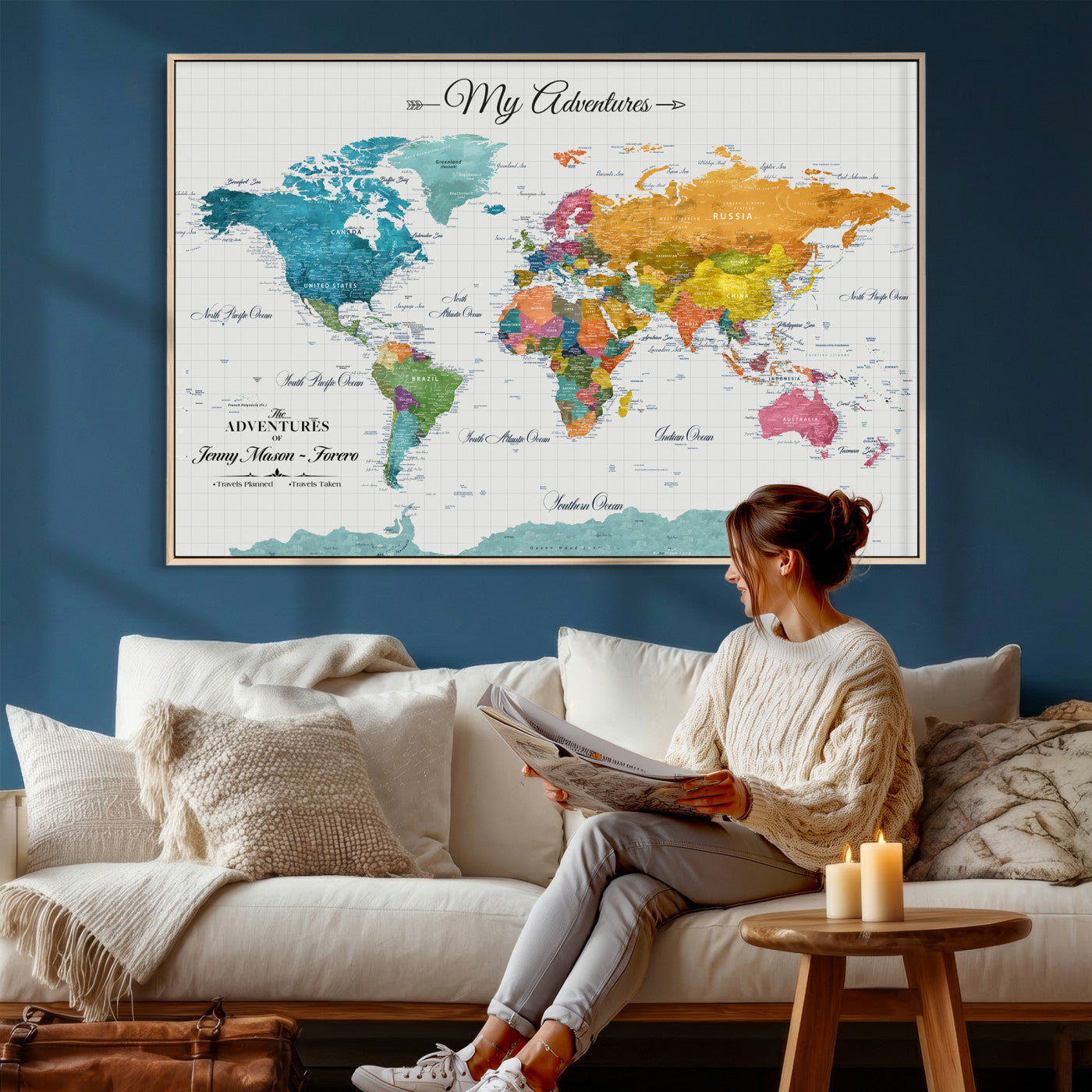 56239817-MGV-CV-36X24 - Custom Push Pin Watercolor World Map Canvas Wall Art Print – Abstract Colorful Travel Wall Decor