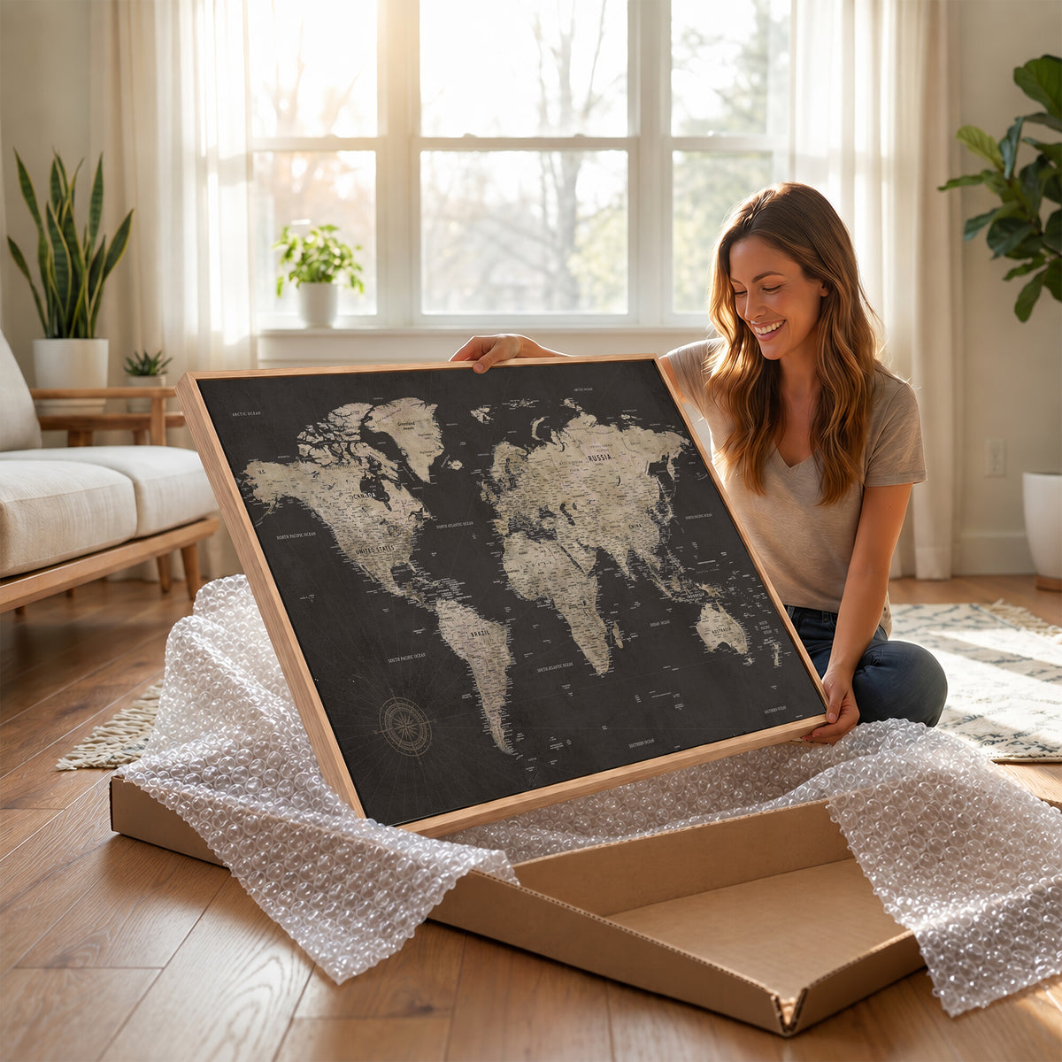 56556018136-MGV-CV-36X24 - World Map Canvas Wall Art Dark Charcoal Antique Tan Detailed