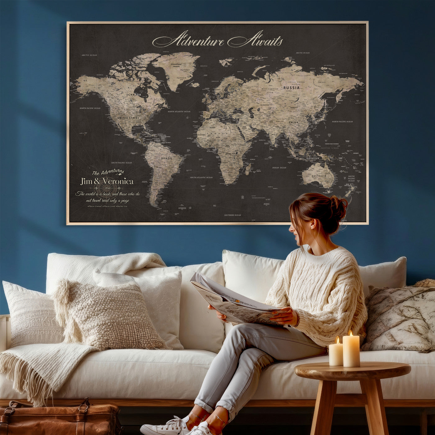 56556018136C-MGV-CV-36X24 - Custom World Map with Pins Canvas Wall Art Dark Charcoal Antique Tan Detailed Every Country Labeled Framed Large for Home Office Living Room Bedroom Decor