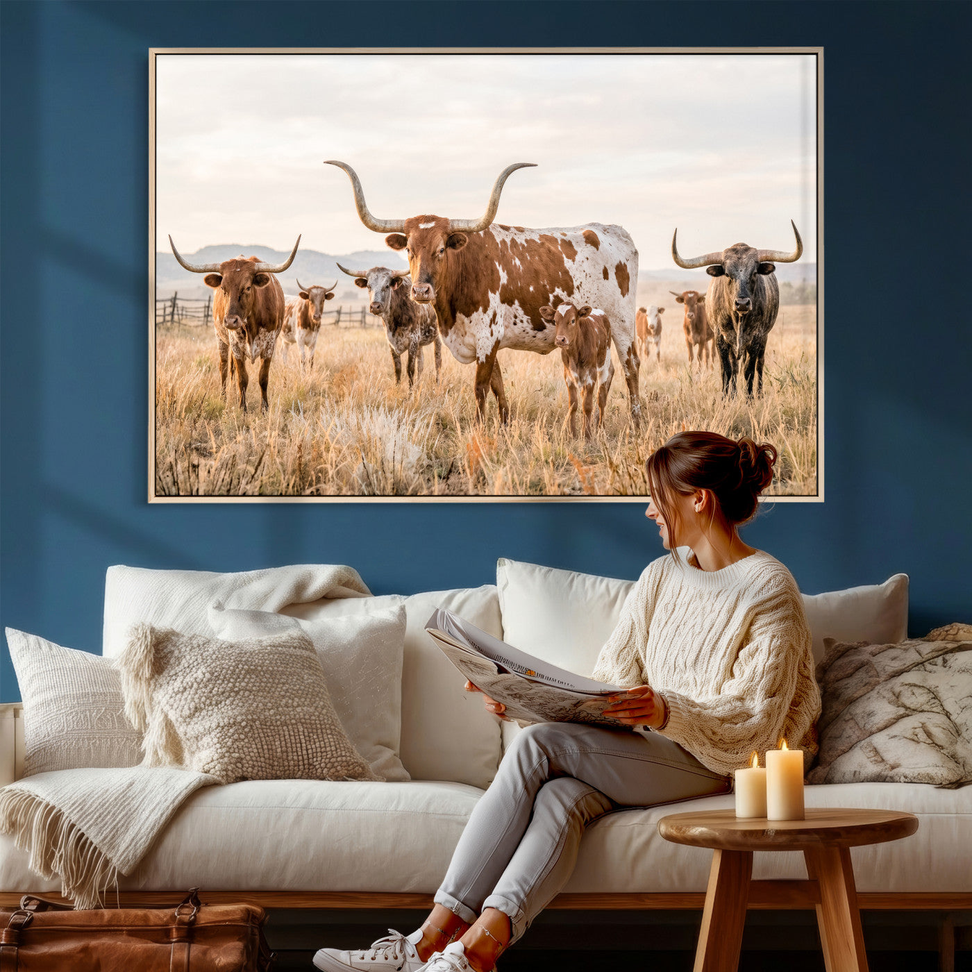 62336425AC-MGV-CV-36X24 - Texas Longhorn Canvas Wall Art, Rustic Farm Animal Photography Print, Farmhouse Country Decor, Western Ranch Art