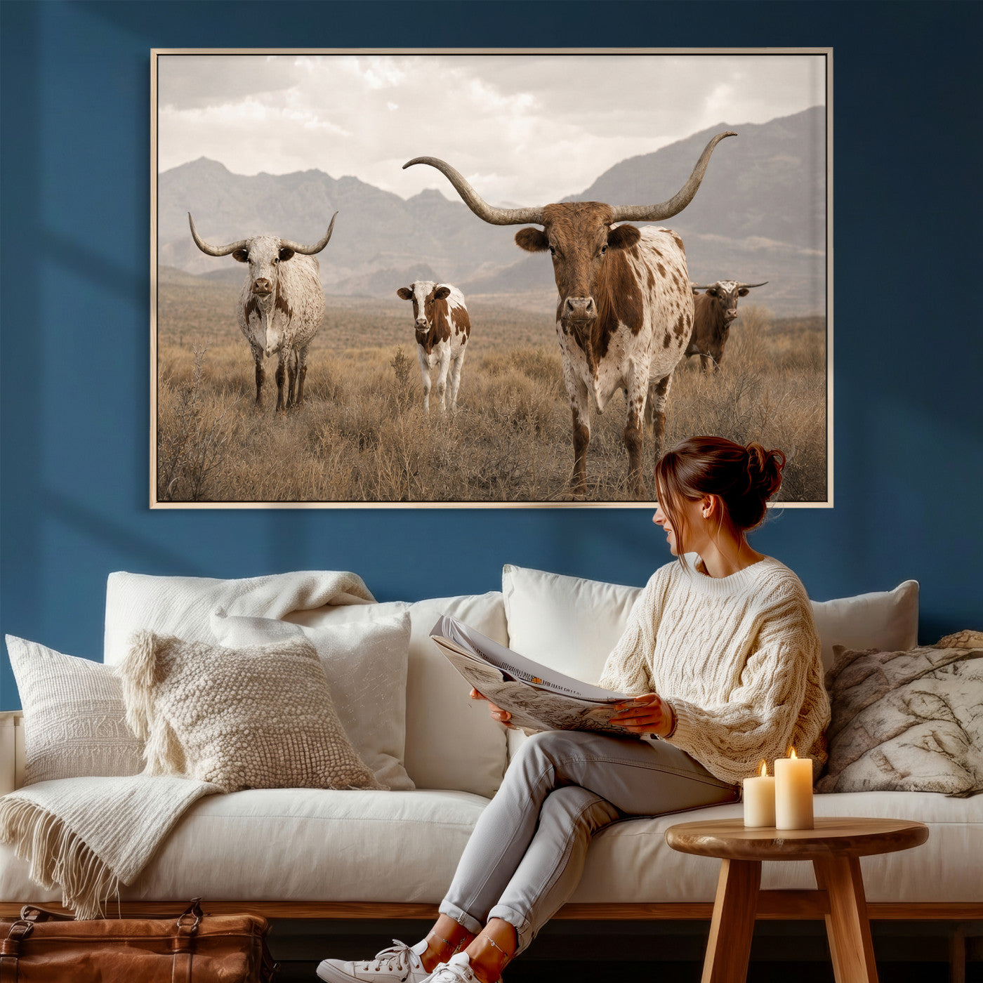 62336425AD-MGV-CV-36X24 - Rustic Texas Longhorn Cow Canvas Wall Art Print, Rustic Farm Animal Photography Print, Farmhouse Country Decor, Western Ranch Art