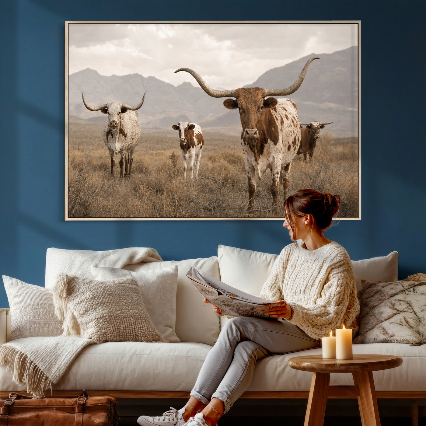 62336425AD-MGV-CV-36X24 - Rustic Texas Longhorn Cow Canvas Wall Art Print, Rustic Farm Animal Photography Print, Farmhouse Country Decor, Western Ranch Art