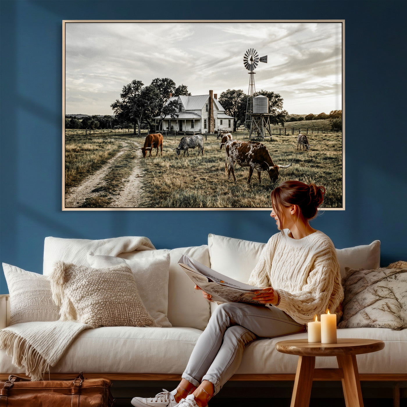 92429425-MGV-CV-36X24 - Texas Longhorn Ranch Wall Art Canvas Print, Rustic Western Farmhouse Decor, Country Landscape Canvas Wall Art, Vintage Cowboy Ranch Picture