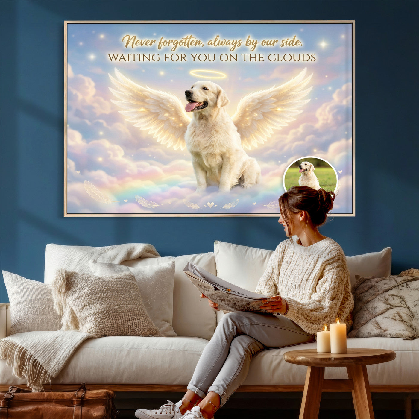 89664149-MGV-CV-36X24 - Pet Memorial Wall Art Canvas Print, Custom Dog Memorial Portrait, Personalized Angel Pet Loss Gift, Angel Wings Puppy Print