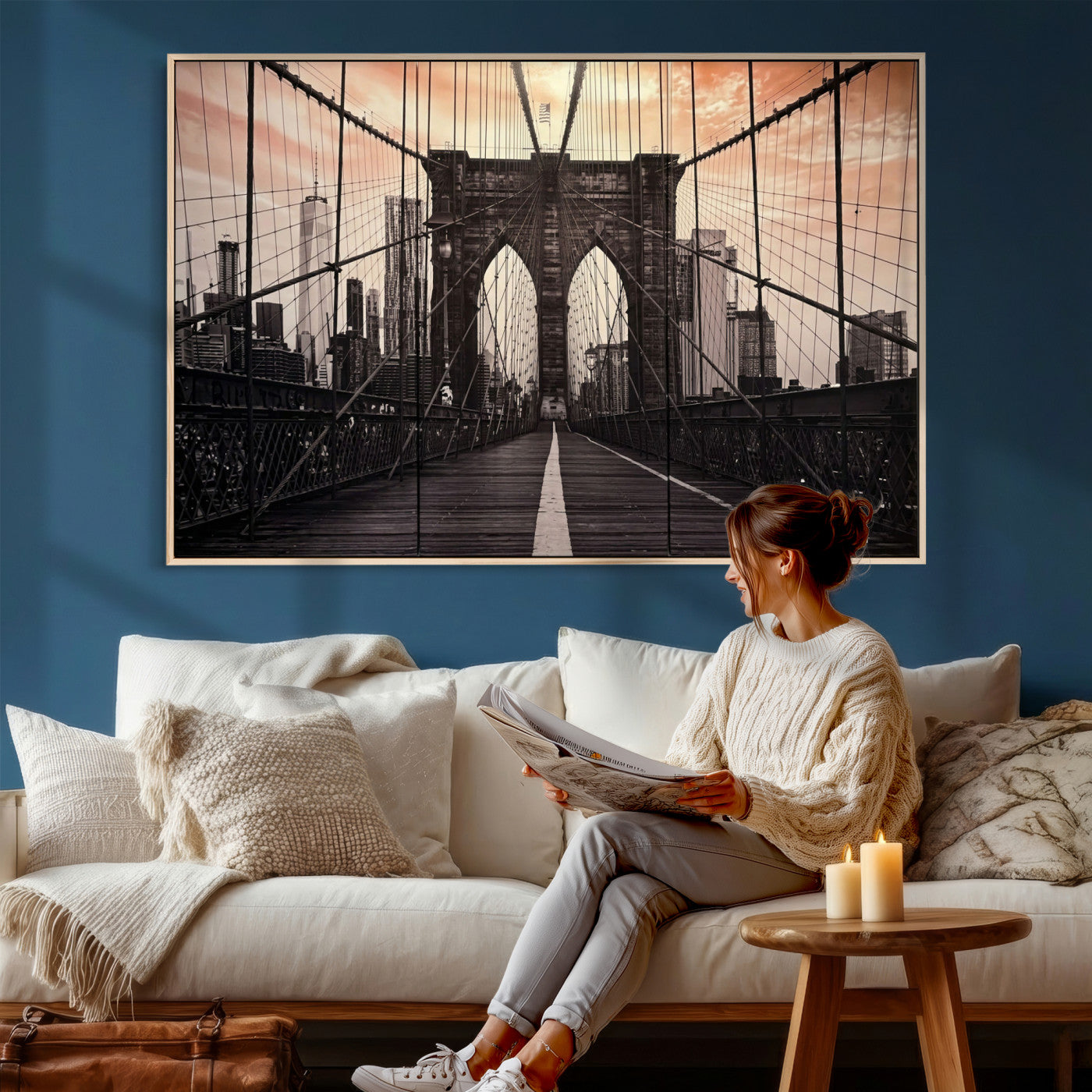 93226664-MGV-CV-36X24 - Brooklyn Bridge Canvas Wall Art, New York City Skyline Photography Print, NYC Landmark Urban Decor Artwork