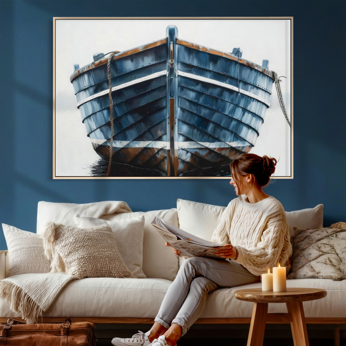 21601740-MGV-CV-36X24 - Blue Wooden Rowboat Canvas Wall Art, Coastal Nautical Boat Painting Print for Lake Beach House Decor, Minimalist Maritime Decor Artwork