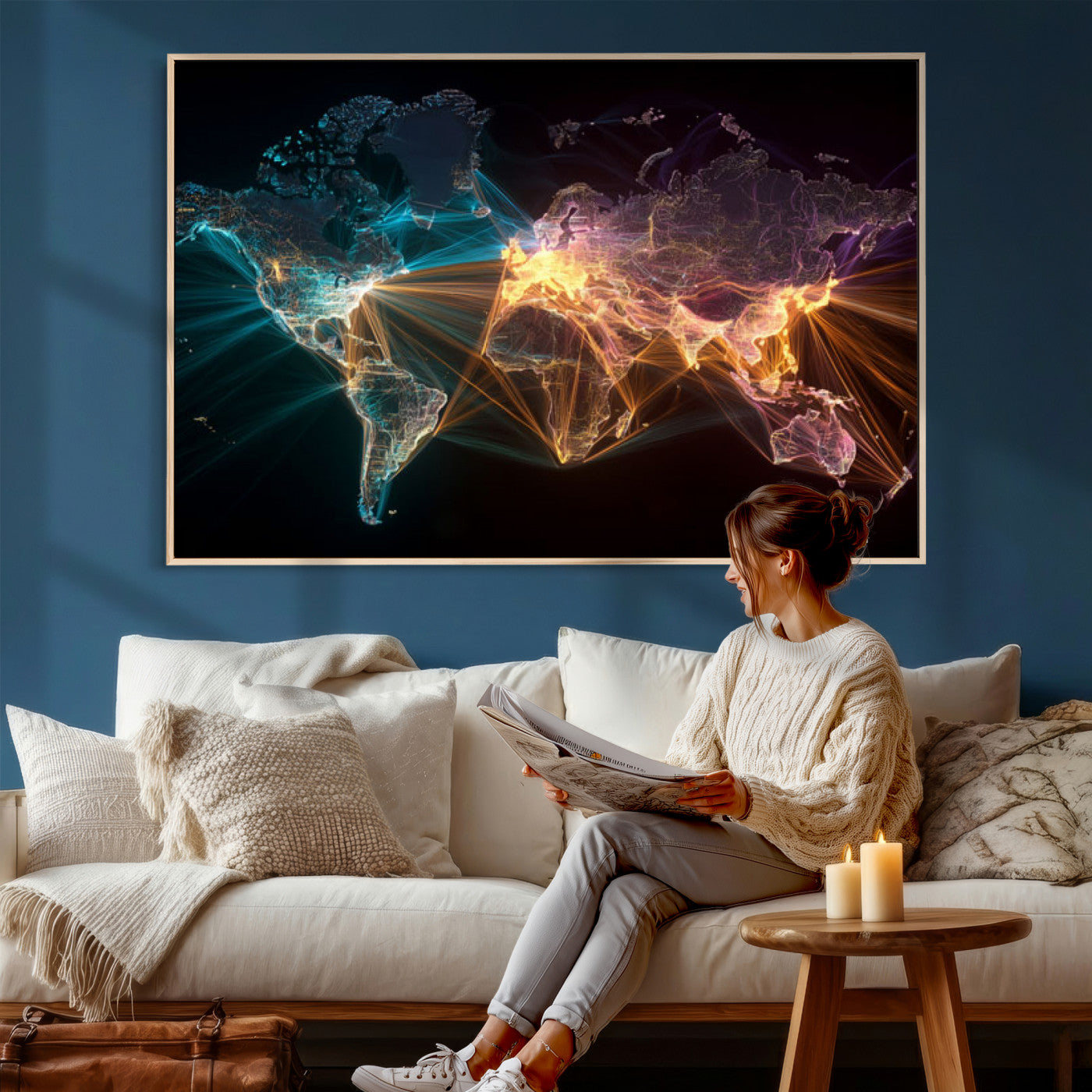 14891737-MGV-CV-36X24 - World Map and Global Flight Routes Map Canvas Wall Art, Worldwide Aviation Network Print, International Air Travel Wall Decor