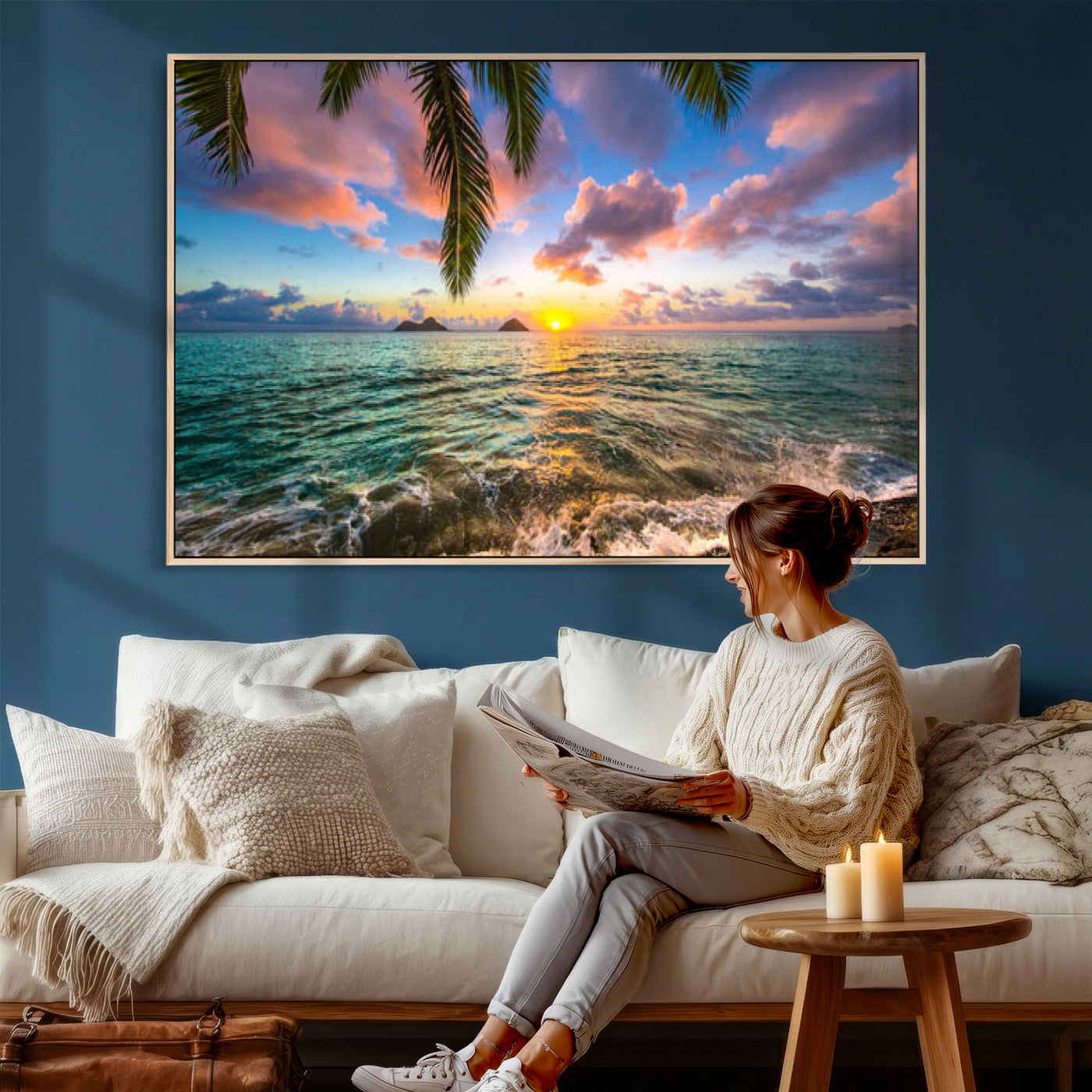 13207742-MGV-CV-36X24 - Hawaii Beach Sunset Canvas Wall Art Print, Tropical Ocean Landscape Artwork, Palm Tree Coastal Decor for Living Room Bedroom