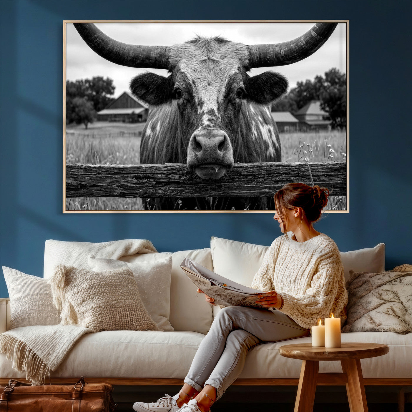59378683B-MGV-CV-36X24 - Black White Texas Longhorn Bull Canvas Wall Art, Western Ranch Cattle Photography Print, Rustic Farmhouse Cowboy Decor Artwork
