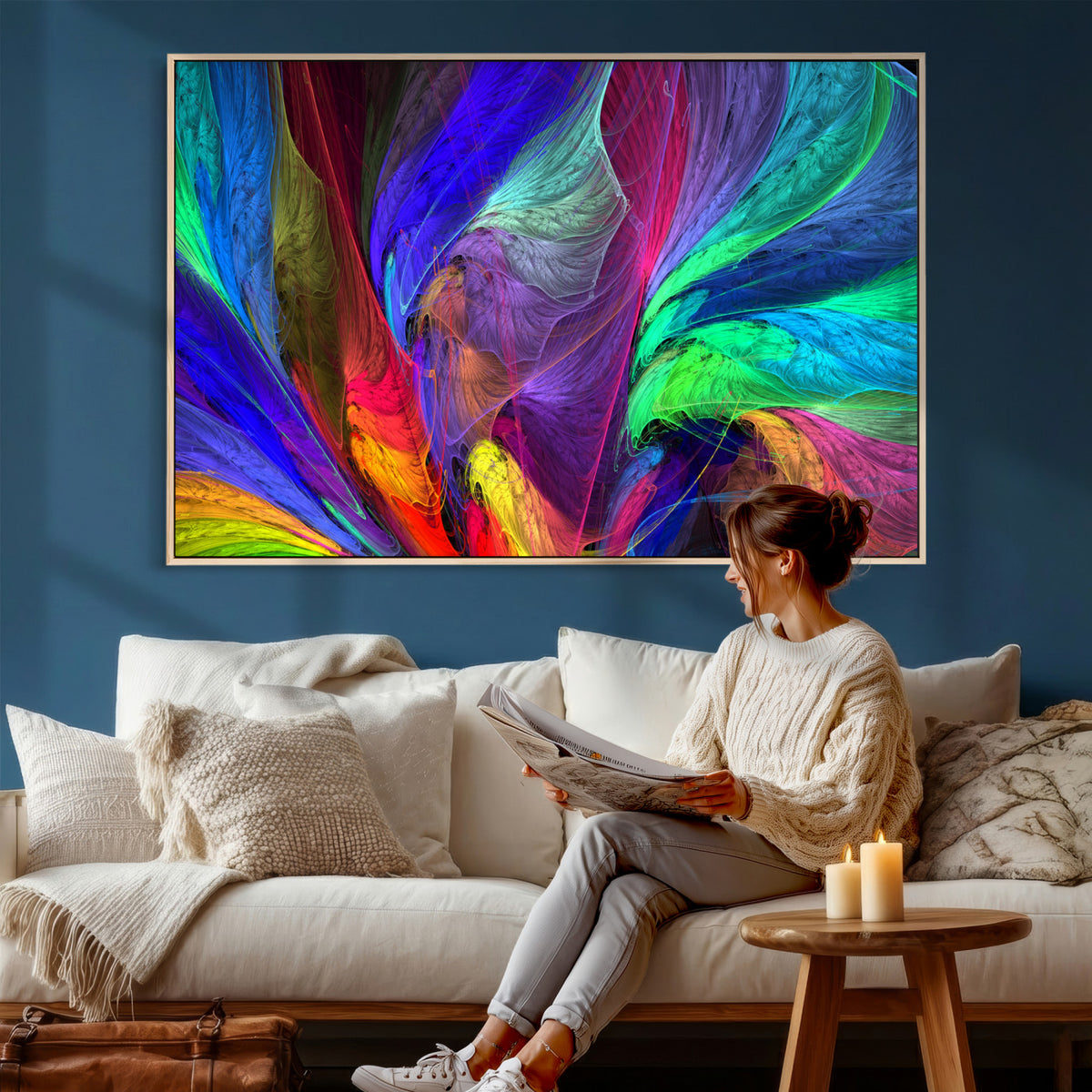 376925791-MGV-CV-36X24 - Colorful Abstract Canvas Wall Art, Rainbow Swirl Fractal Print, Bold Multicolor Living Room Decor, Vibrant Energy Art, Large Abstract Wall Art