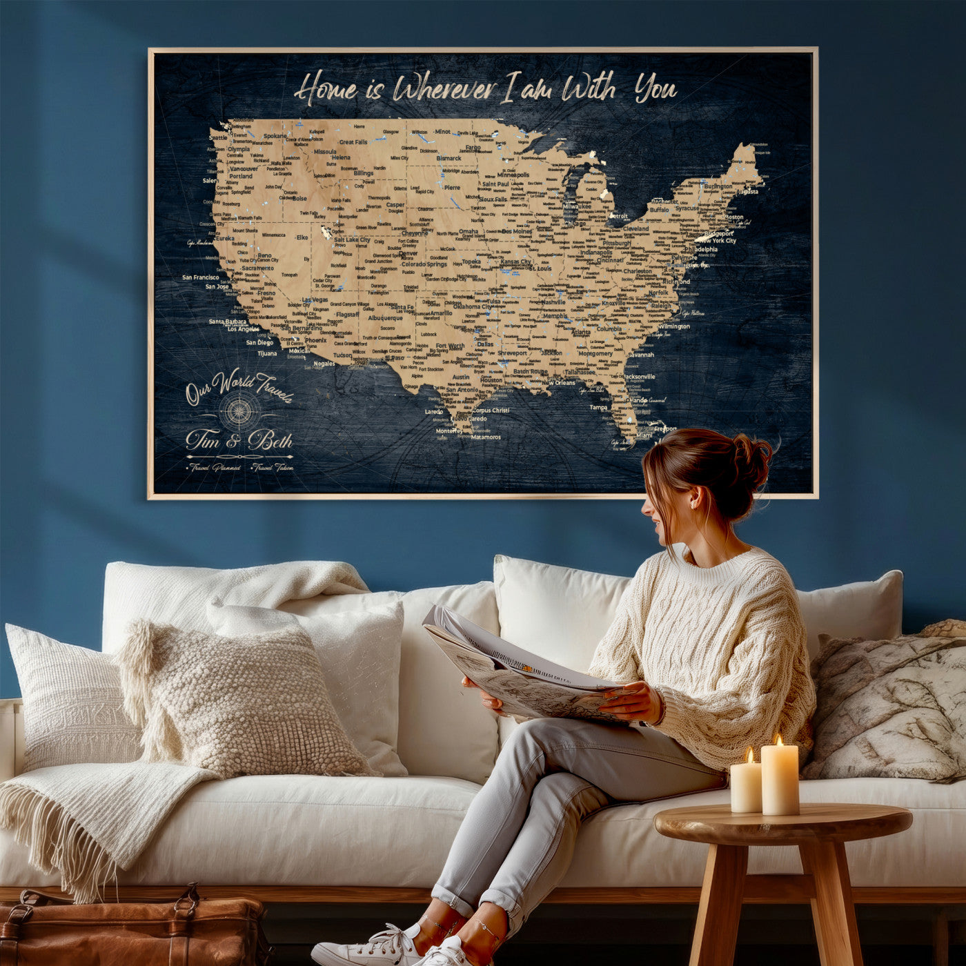 48467834-MGV-CV-36X24 - Custom Push Pin US Map Canvas | Personalized Travel Tracker | USA Cities Map Anniversary Gift for Couples | Adventure America Map Wall Art with Pins