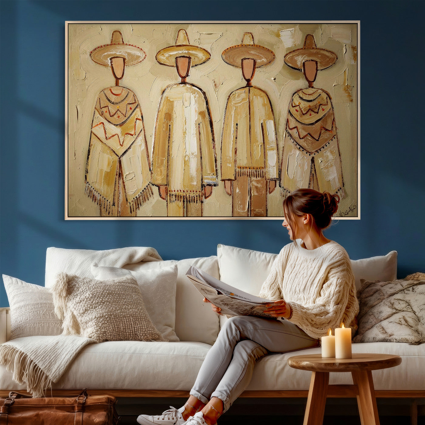 46071653-MGV-CV-36X24 - Mexican Folk Art Canvas Wall Art, Charro Poncho Sombrero Painting Print, Neutral Beige Boho Decor, Southwestern Impasto Style, Living Room Art