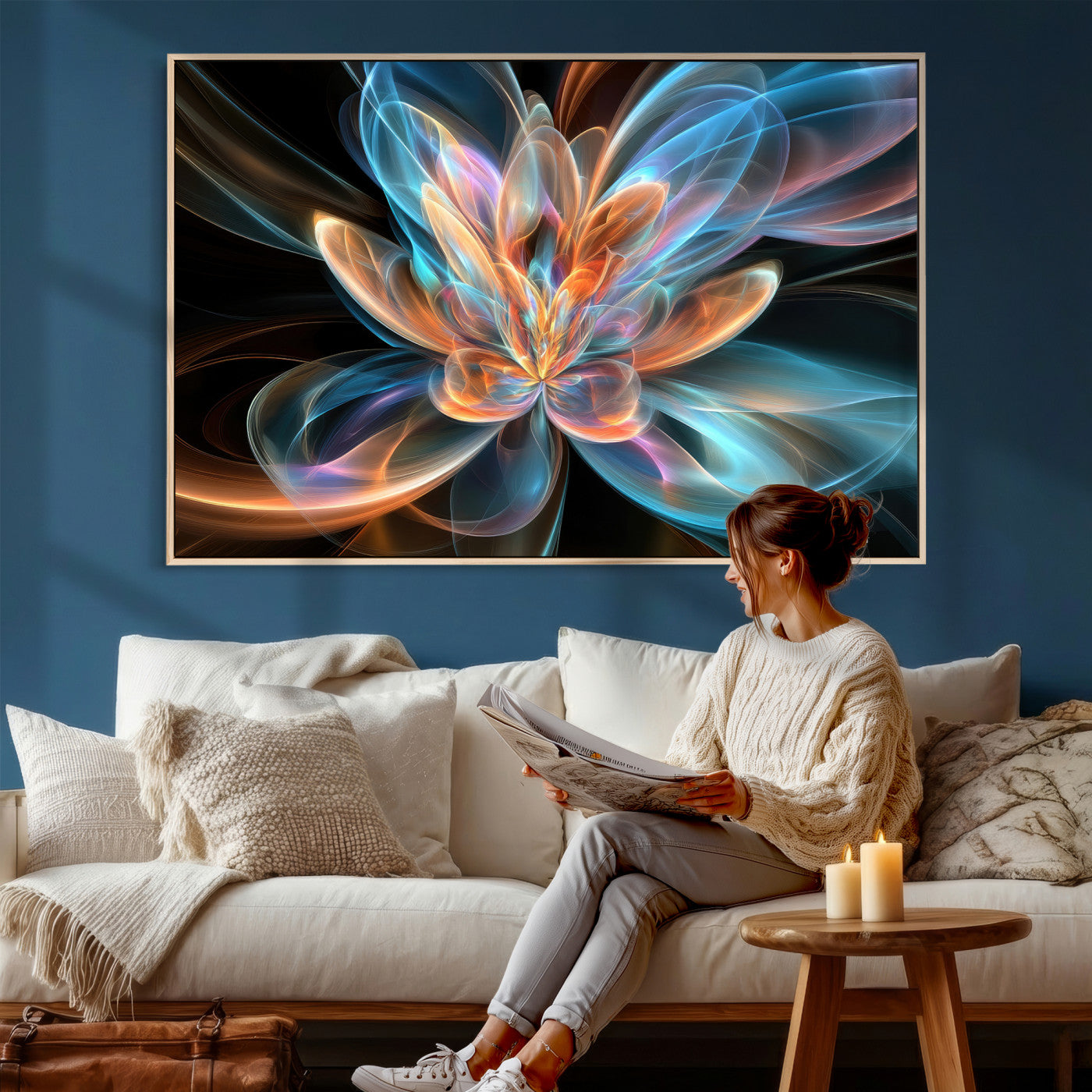 91902283-MGV-CV-36X24 - Fractal Lotus Canvas Wall Art, Blue Orange Glowing Flower Abstract Print, Modern Zen Meditation Room Decor, Ethereal Digital Art, Living Room