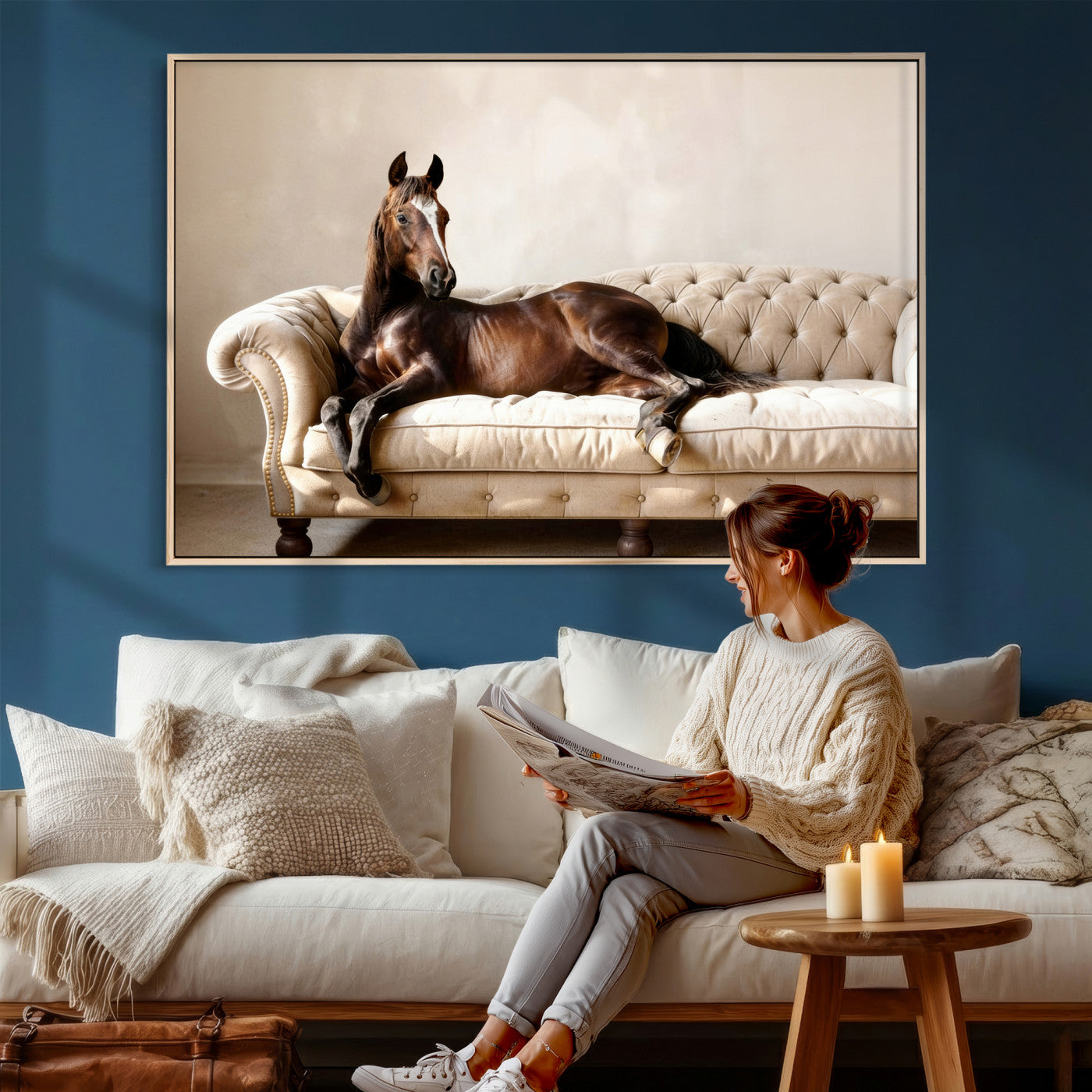 17716841-MGV-CV-36X24 - Funny Horse on Sofa Canvas Wall Art, Quirky Horse Lounging Photo Print, Whimsical Animal Decor, Living Room Conversation Art, Horse Lover Gift