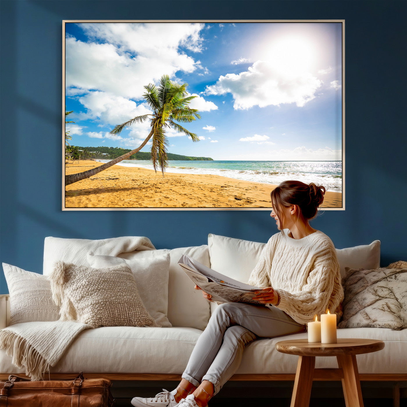 79108949-MGV-CV-36X24 - Tropical Beach Canvas Wall Art, Palm Tree Ocean Photo Print, Coastal Living Room Decor, Turquoise Sea Beach House Art, Summer Wall Art