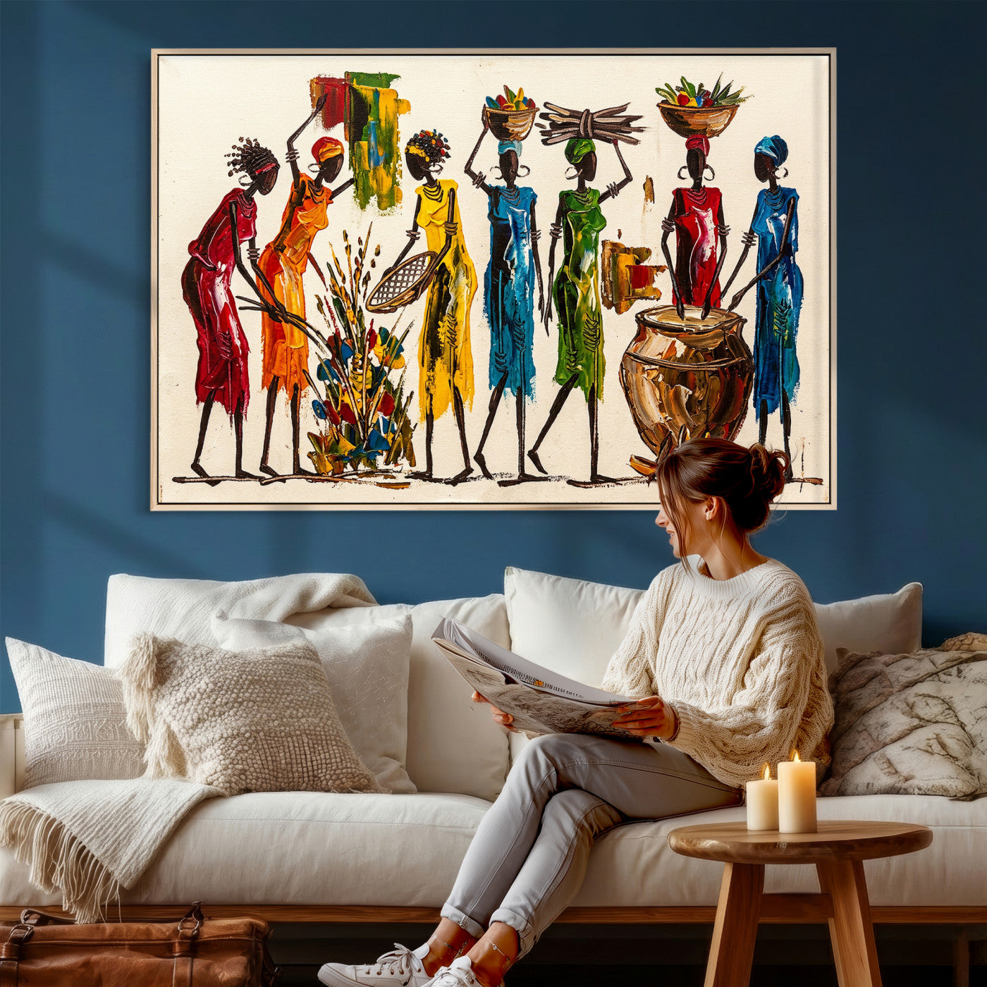 83463154-MGV-CV-36X24 - African Folk Art Canvas Wall Art, Colorful African Women Village Painting Print, Tribal Ethnic Home Decor, Vibrant African Art, Living Room