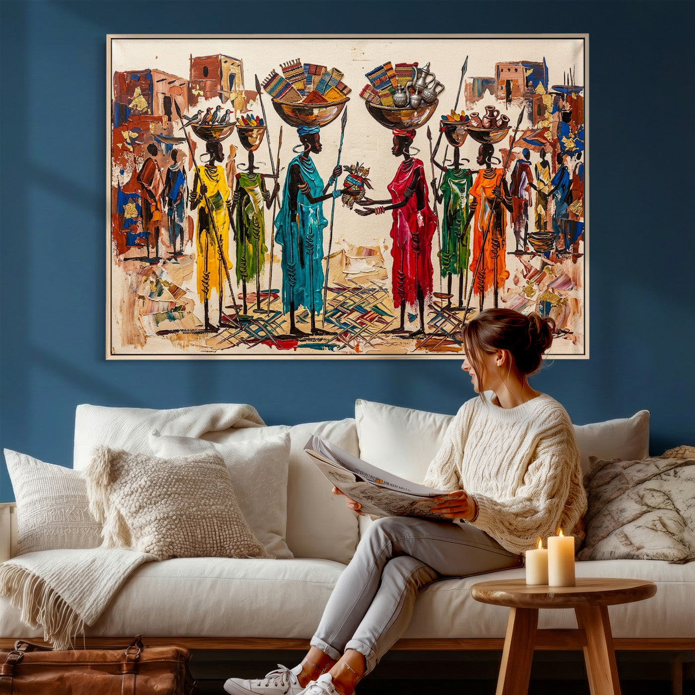 54818657-MGV-CV-36X24 - African Folk Art Canvas Wall Art, Colorful African Women Village Painting Print, Tribal Ethnic Home Decor, Vibrant African Art, Living Room