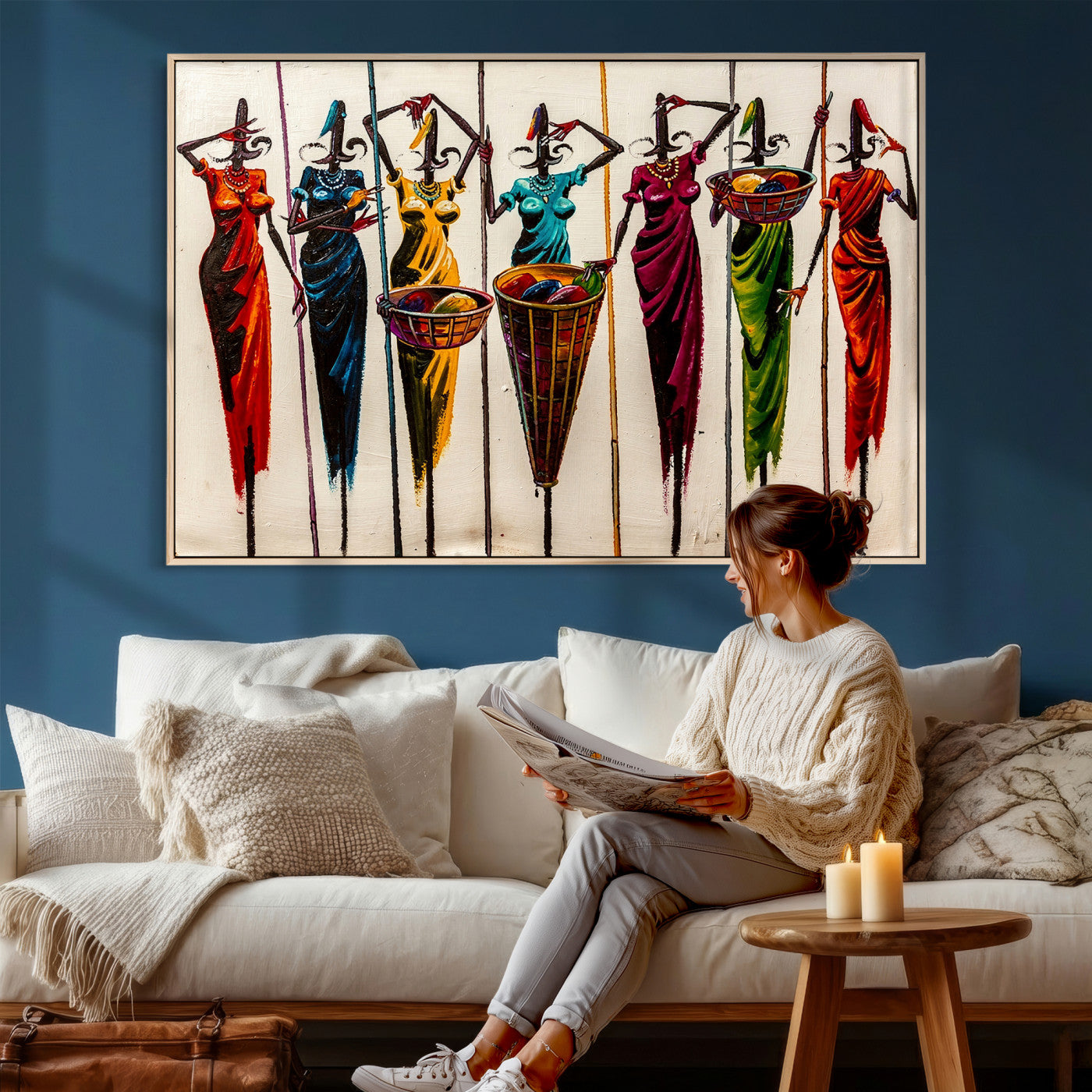 53545627-MGV-CV-36X24 - African Folk Art Canvas Wall Art, Colorful African Women Village Painting Print, Tribal Ethnic Home Decor, Vibrant African Art, Living Room