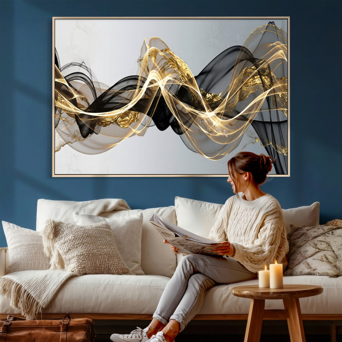 79483321DL-MGV-CV-36X24 - Black and Gold Abstract Wall Art, Modern Wave Canvas Print, Elegant Flowing Smoke Art, Luxury Living Room Decor
