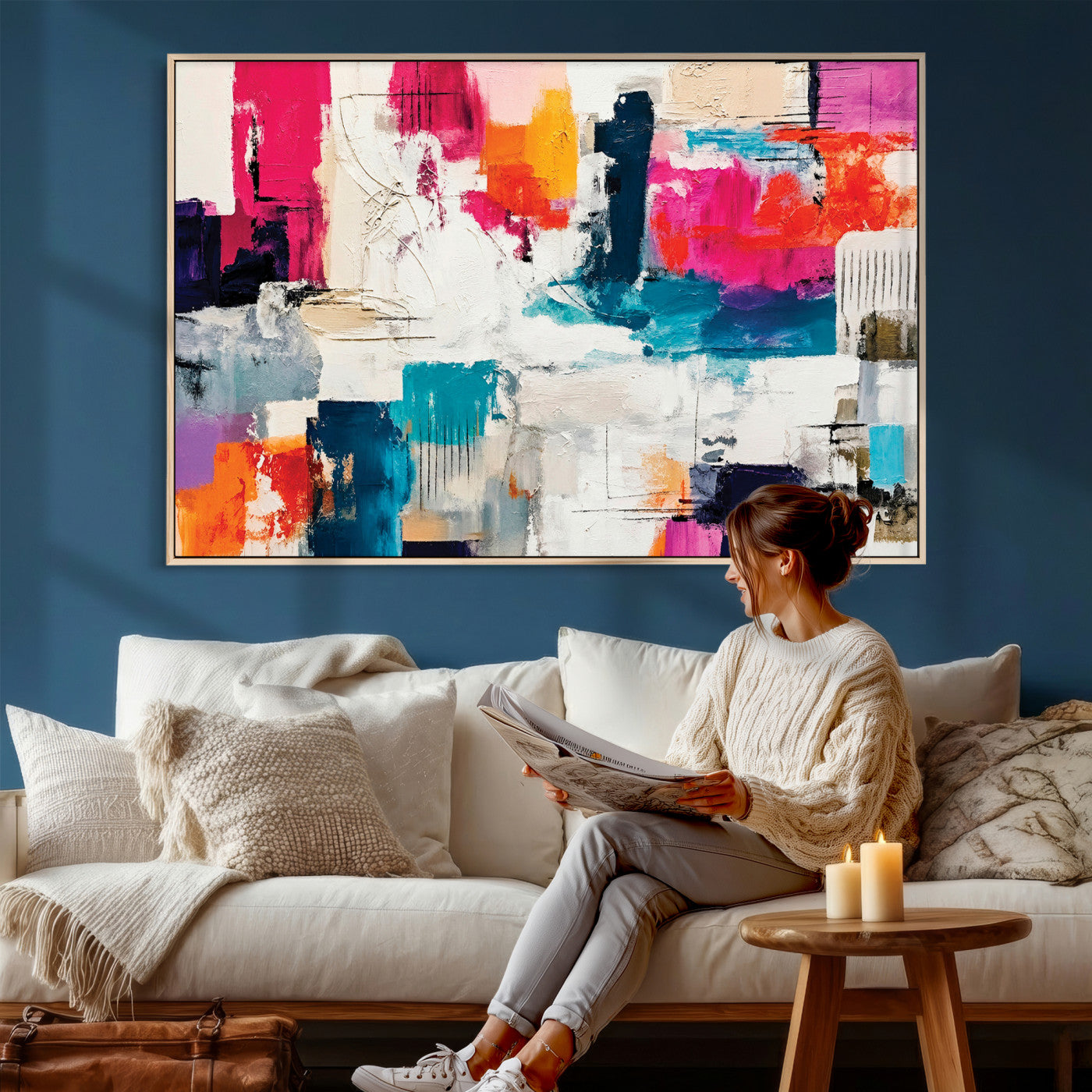 57864023-MGV-CV-36X24 - Blue Teal Abstract Canvas Wall Art | Modern Textured Painting Print, Navy Orange White Contemporary Art, Neutral Living Room Decor, Office Art