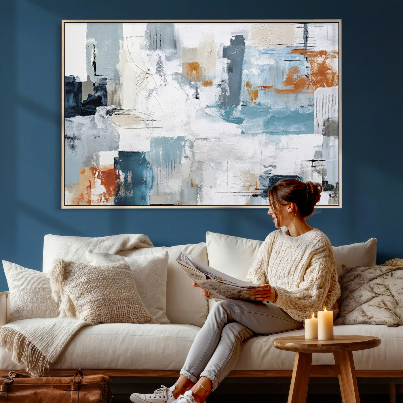 98638479-MGV-CV-36X24 - Blue Teal Abstract Canvas Wall Art, Modern Textured Painting Print, Navy Orange White Contemporary Art, Neutral Living Room Decor, Office Art