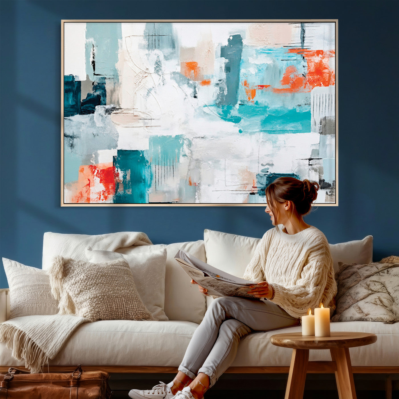 98638479-MGV-CV-36X24 - Blue Teal Abstract Canvas Wall Art | Modern Textured Painting Print, Navy Orange White Contemporary Art, Neutral Living Room Decor, Office Art