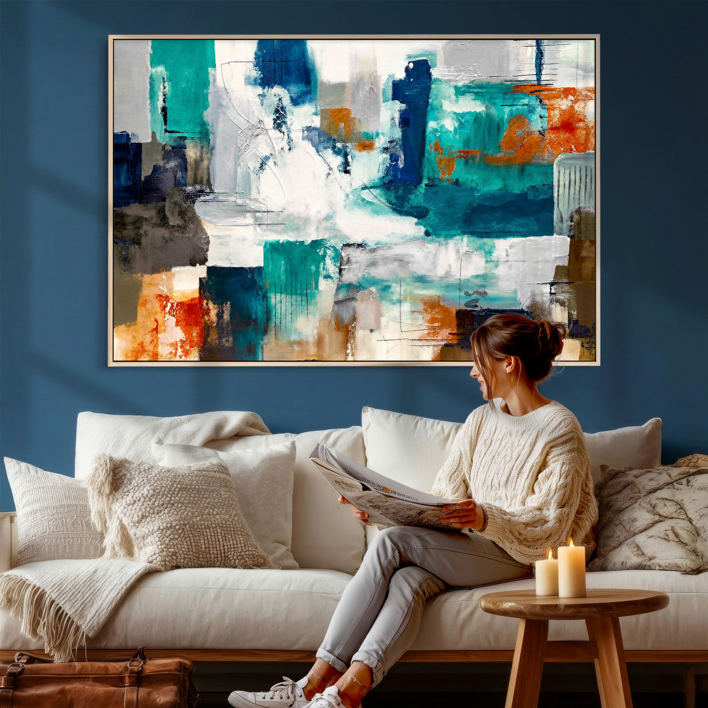 44038089-MGV-CV-36X24 - Blue Teal Abstract Canvas Wall Art, Modern Textured Painting Print, Navy Orange White Contemporary Art, Neutral Living Room Decor, Office Art