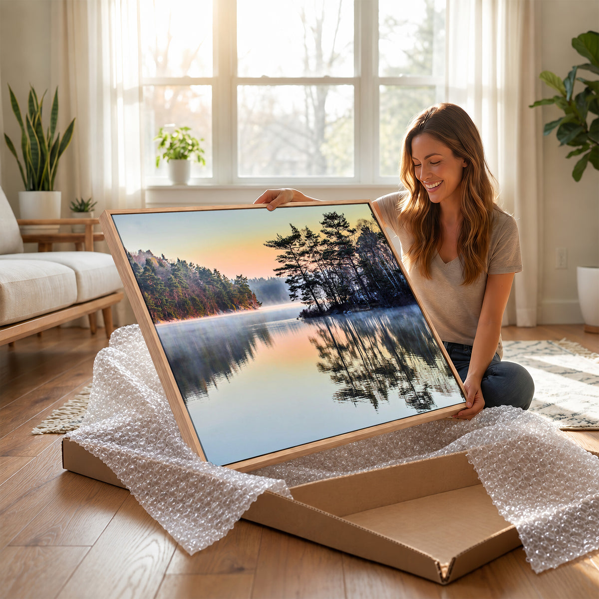 34236027-MGV-CV-36X24 - Before People Wake Canvas Wall Art Print, Misty Lake Sunrise Landscape, Forest Reflection Nature Decor, Ready to Hang